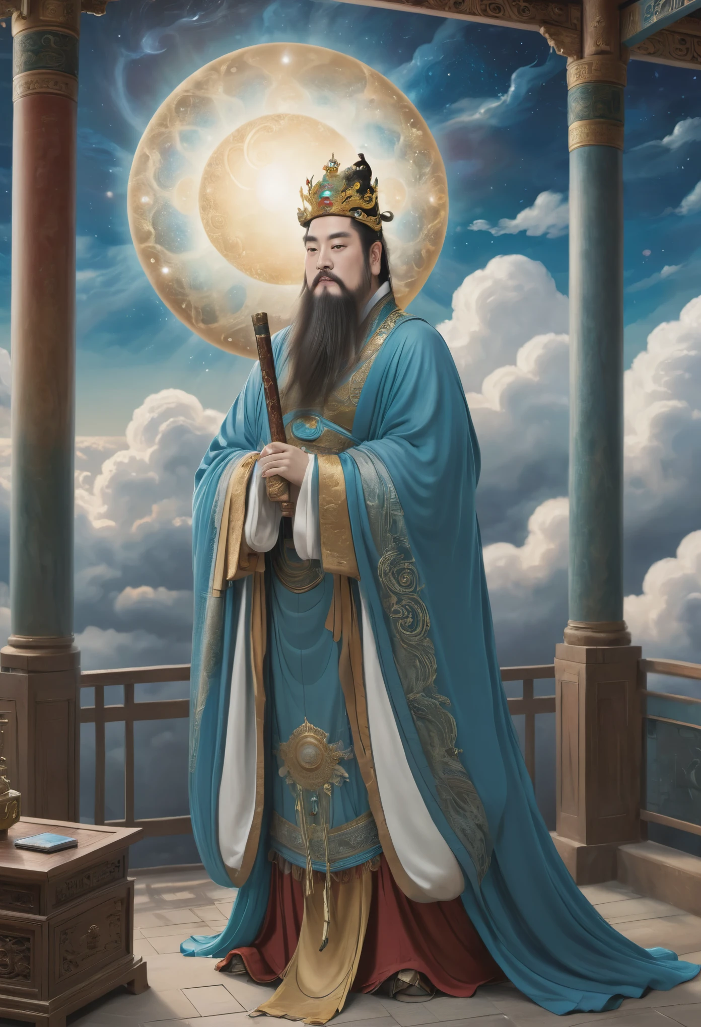 (masterpiece, best quality:1.2), yongle_style,1man,cloud,celestial crown,animated