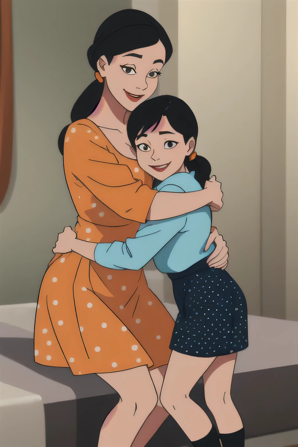 
A touching reunion between mom and daughter、hug each other,smile、
"mom:(clothing:orange polka dot dress)、（hairstyle：shortcut、black hair）"
"daughter：(clothing:Knitted Bottom、white skirt),(hairstyle：long、black hair)"
