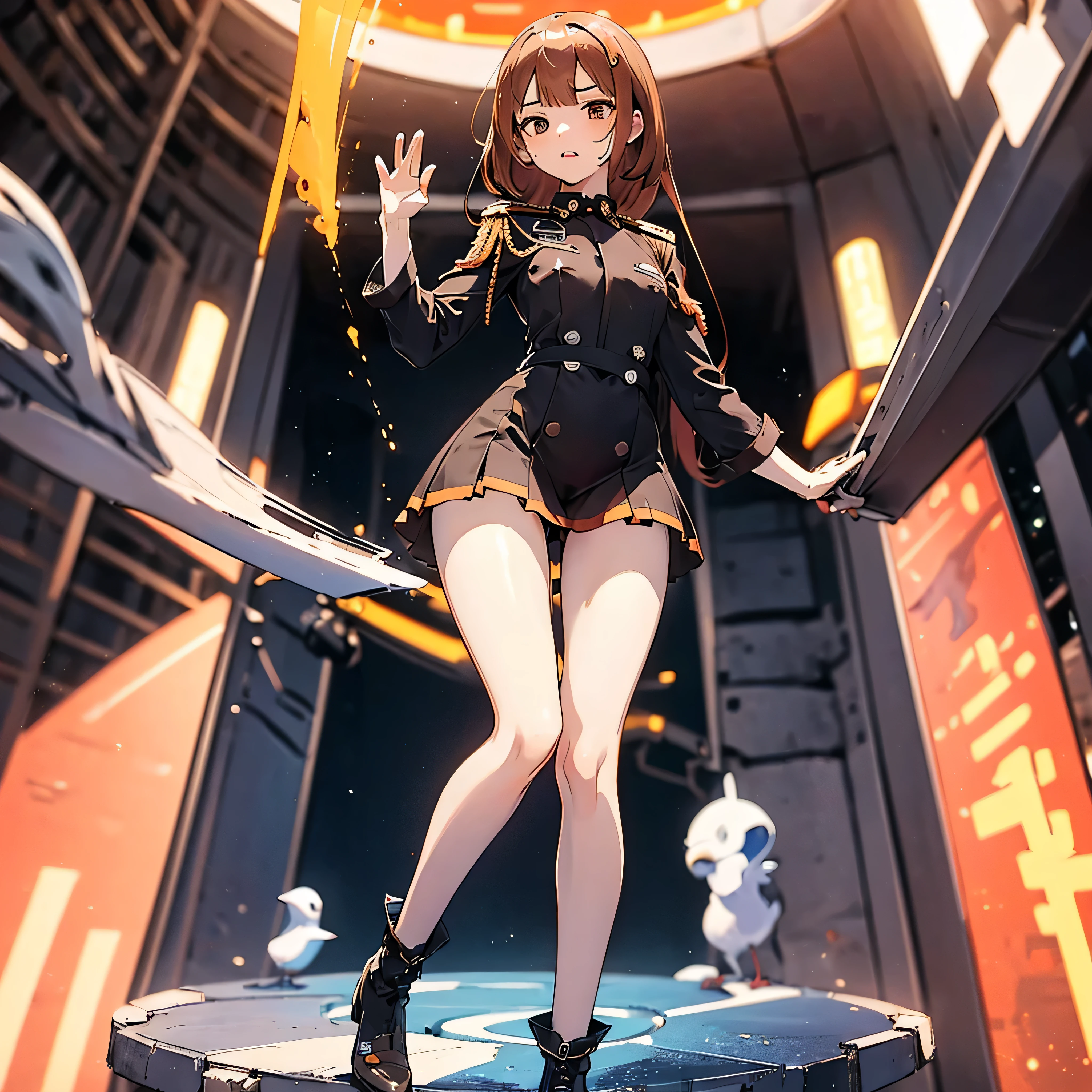 (solo:1.2), 1 childish girl standing in space ship, zero gravity, galaxy in distance, military uniform, too short skirt, (short orange hair), (very long sidelocks), narrow shoulders, narrow waist, skinny long legs, thigh gap, pigeon toed, (nsfw:1.0), orgasm, show off vagina squirting out pussy juice