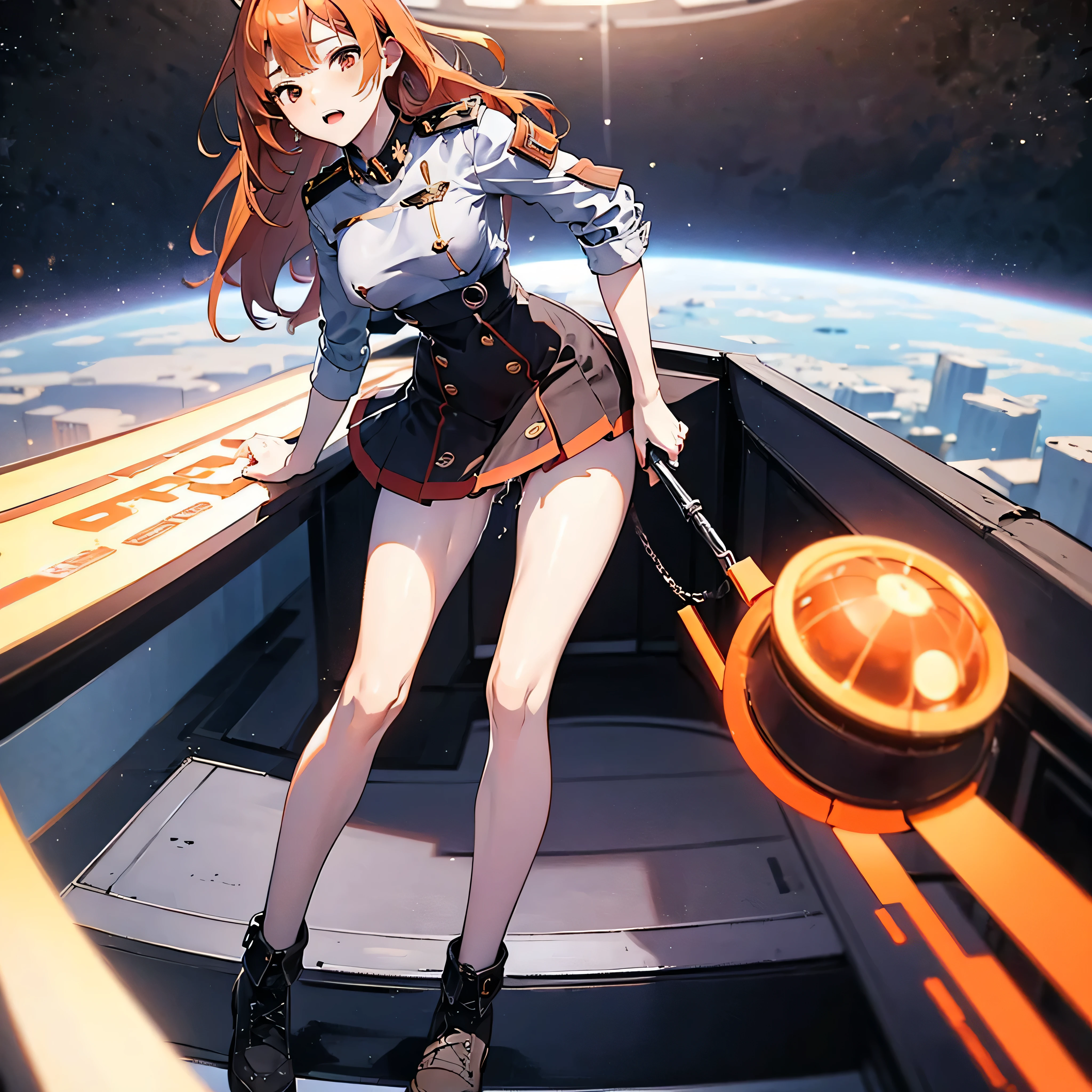 (solo:1.2), 1 childish girl standing in space ship, zero gravity, galaxy in distance, military uniform, too short skirt, (short orange hair), (very long sidelocks), narrow shoulders, narrow waist, skinny long legs, thigh gap, pigeon toed, (nsfw:1.0), orgasm, show off vagina squirting out pussy juice