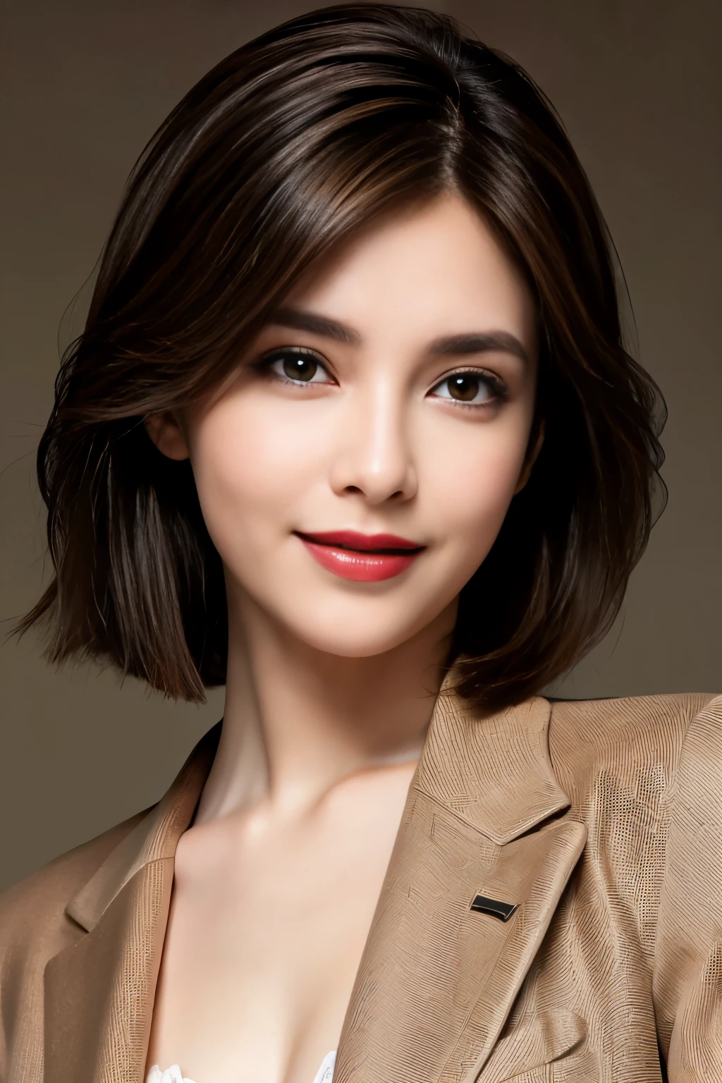 NSFW,Best quality at best, realistically, ultra - detailed, Detailed pubic hair, A high resolution, solid color backdrop,8k wallpaper, 1 Beautiful woman,,light brown short hair, Wear a dark suit, lock focus, Perfect dynamic composition, beautidful eyes, Delicate hair, Detailed realistically skin texture, Smiling, closeup portrait, Model body type
