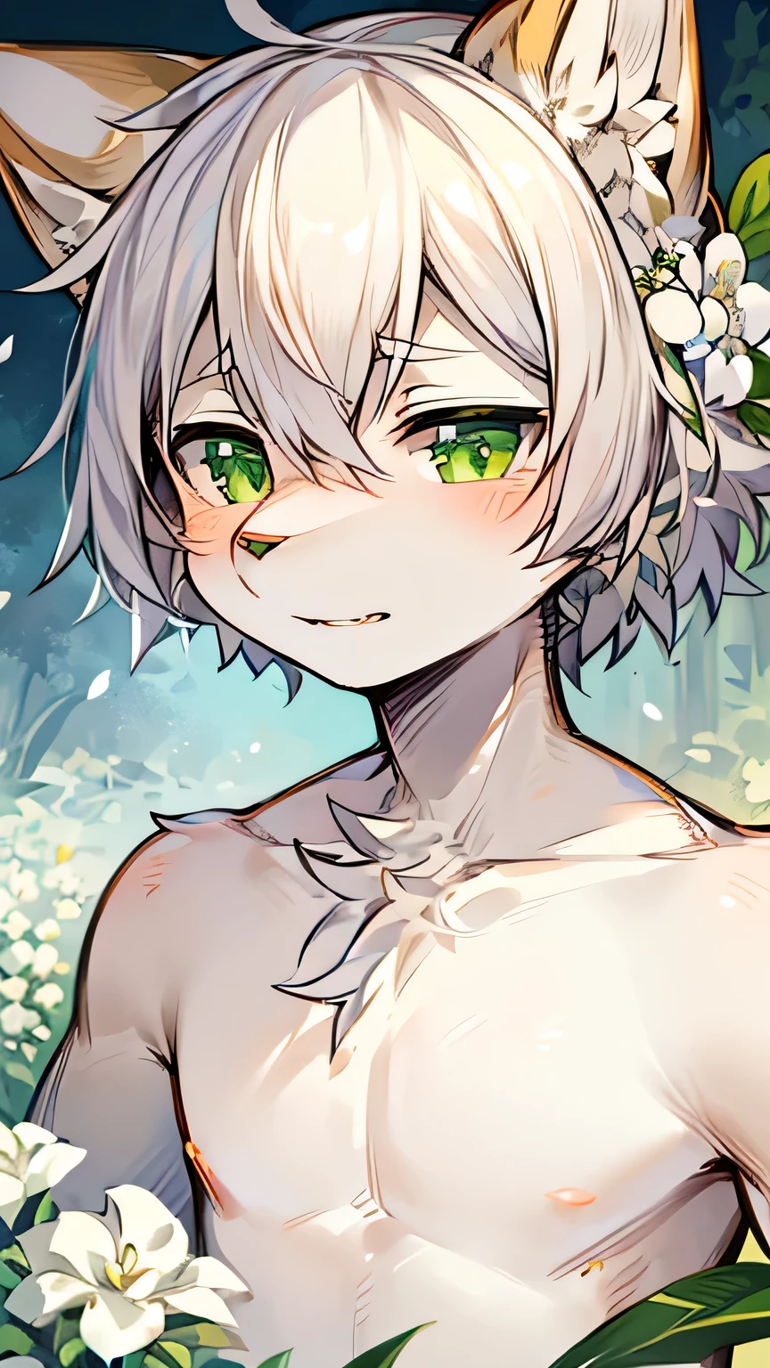 masterpiece,high quality,perfect anatomy,furry,anthro fox,white fur,whitehair,male, niji5,green pupils,bright eyes,detailed face,beside the gardenia flower,by kiyosan,close up face