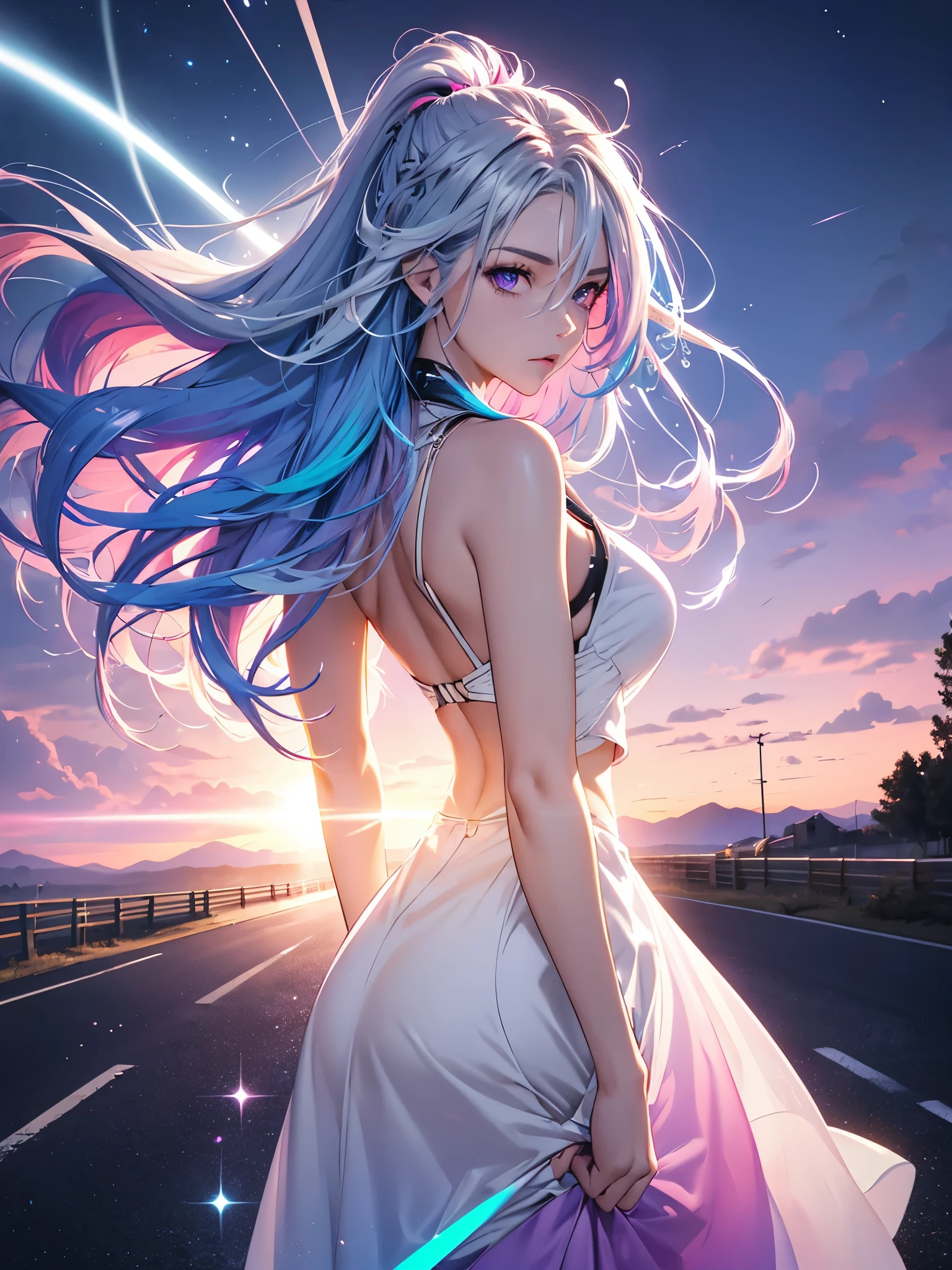 1 girl, 20 year old girl, one person, (Silver blue hair streaked pink purple:1.4), (Gradient sky blue hair ends:1.6), hair strand, absurdly long hair, single sidelock, wavy hair, shiny hair, floating hair, (Illusion deep purple eyes), delicate eyes, aqua eyes, High like real eyes, ((glowing eyes)), makeup, Focus on face, Very detailed facial, hot body, Random environment, Random pose, on the street, looking at the starry night sky, meteor, Technical clothing masterpiece, White extra long skirt, several cross stars beside, Colored lights swirl around the body, (((Extra super huge colorful extra super complex multiple glowing magic circle upright on the back of the head))), cyberpunk, full body shot, realism, chiaroscuro, (glowing light), sparkle, ray tracing, cinematic lighting, Futurism, motion blur, Ultra-Wide Angle, god rays, atmospheric perspective, best quality, UHD, super detail, masterpiece, highres, ccurate, retina