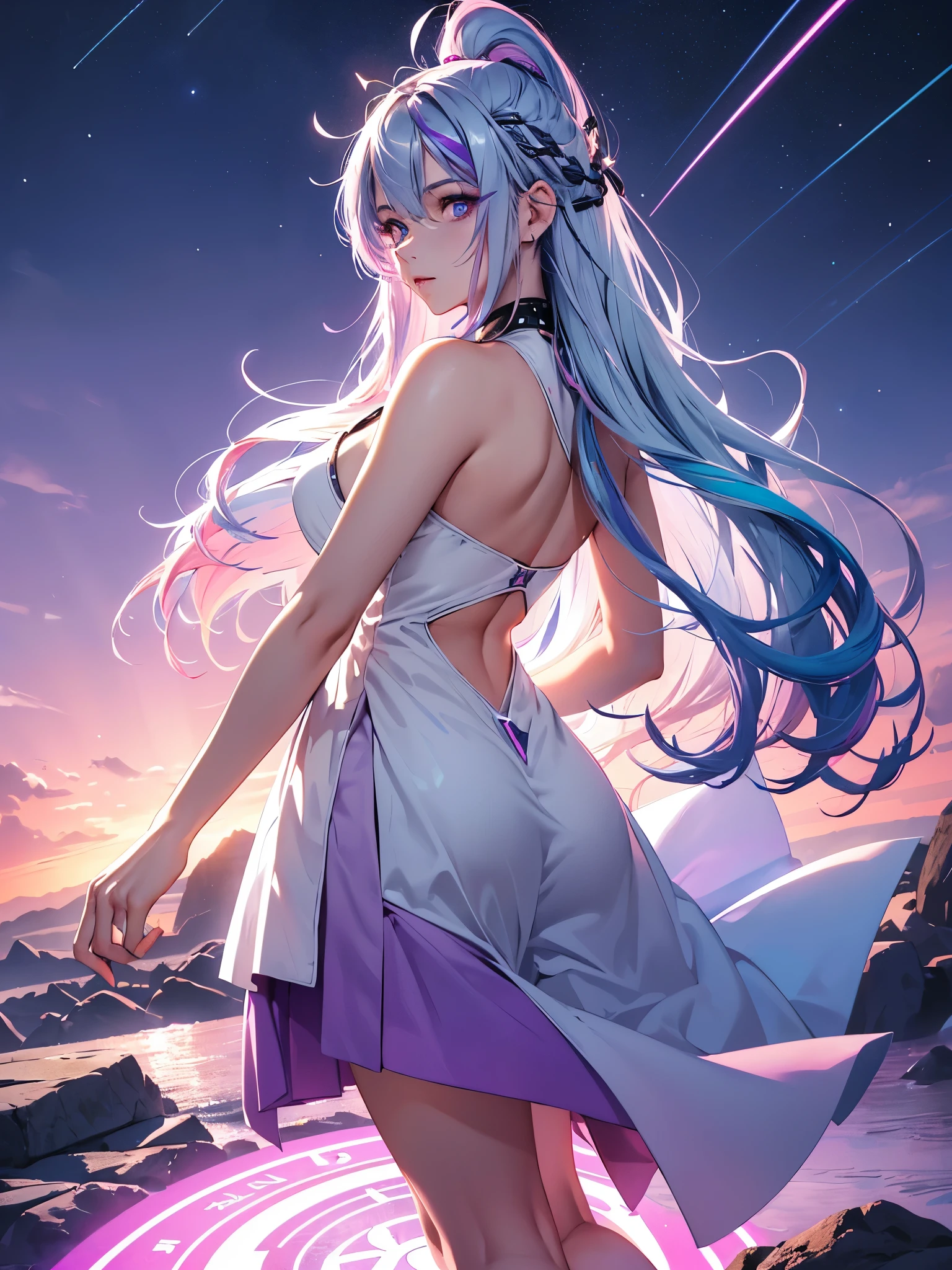 highest quality、Woman with long light purple hair、Slim figure、Sleeveless light blue see-through dress、Back exposure、Standing on a lake in the moonlight