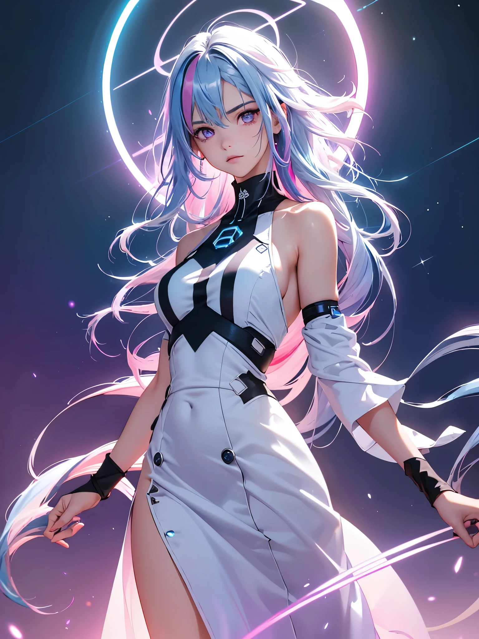 1 girl, 20 year old girl, one person, (Silver blue hair streaked pink purple:1.4), (Gradient sky blue hair ends:1.6), hair strand, absurdly long hair, single sidelock, wavy hair, shiny hair, floating hair, (Illusion deep purple eyes), delicate eyes, aqua eyes, High like real eyes, ((glowing eyes)), makeup, Focus on face, Very detailed facial, hot body, Random environment, Random pose, on the street, looking at the starry night sky, meteor, Technical clothing masterpiece, White extra long skirt, several cross stars beside, Colored lights swirl around the body, (((Extra super huge colorful extra super complex multiple glowing magic circle upright on the back of the head))), cyberpunk, full body shot, realism, chiaroscuro, (glowing light), sparkle, ray tracing, cinematic lighting, Futurism, motion blur, Ultra-Wide Angle, god rays, atmospheric perspective, best quality, UHD, super detail, masterpiece, highres, ccurate, retina
