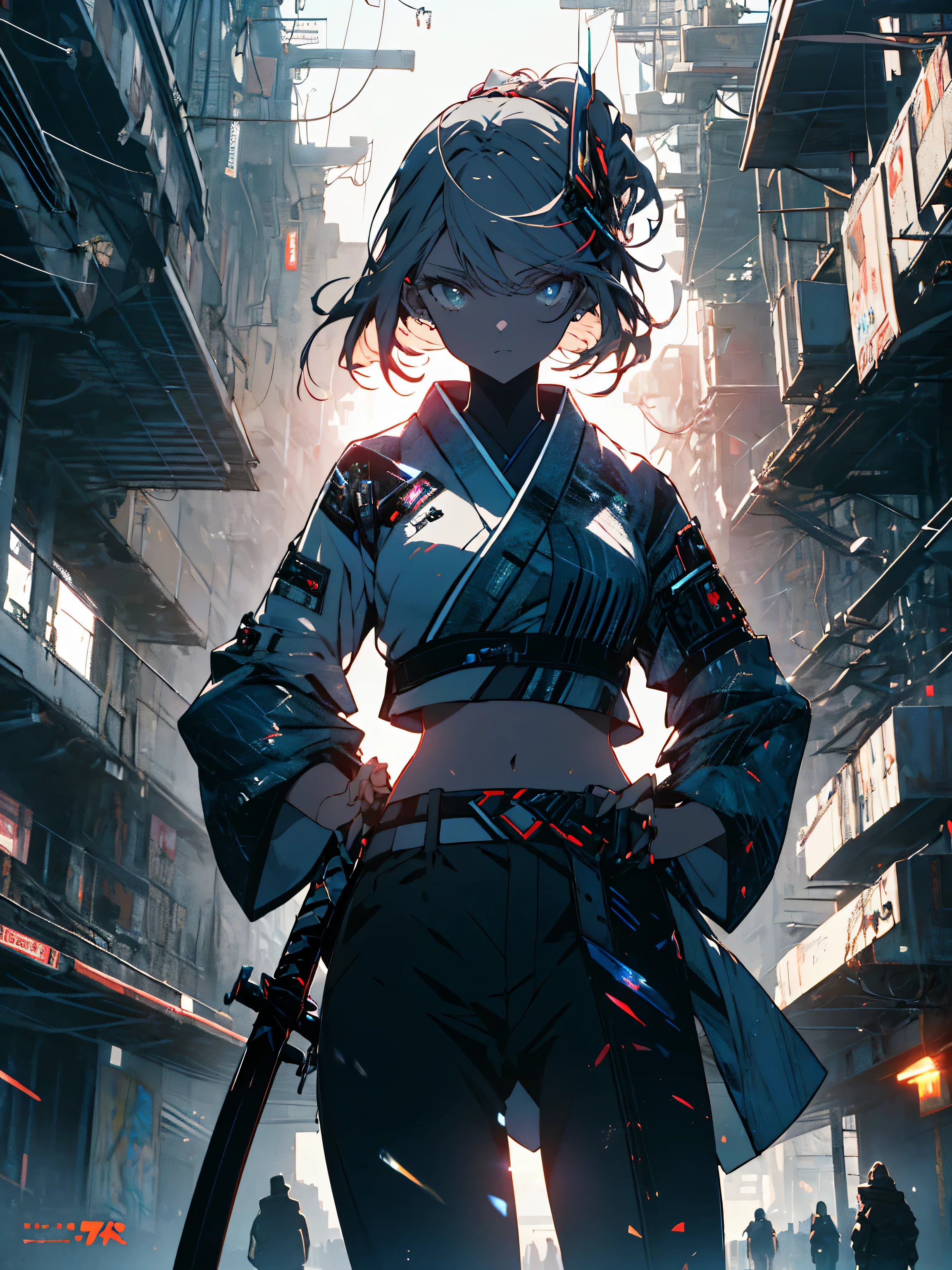(highest quality、masterpiece、High resolution、detailed)、(Shining eyes、detailed beautiful face)、(1 girl in kimono)、a futuristic female warrior holding a katana, (delicate skin), pale skin, (in a deep neckline highly detailed sexy futuristic cyberpunk black crop top and underpants made of circuit boards, Japanese words with flare effect, beautiful magnificent composition, futuristic, masterpiece, attractive, pose for a photo、(beautiful anime)