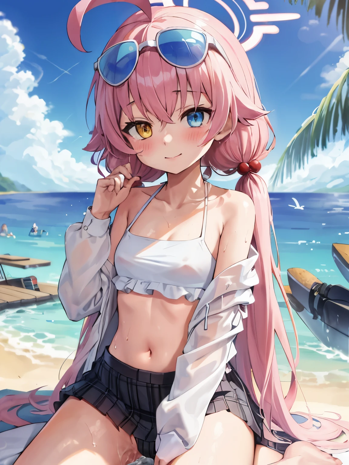 1 girl, 1 boy,Hoshino (blue archive), water着, bikini, heterochromia, pink hair, long hair, twin tails, glasses on head, Ahoge, white bikini, blue eyes, sunglasses, belly button, hair ornaments, outdoor, Hello,evening, beach, small breasts, Ocean, very long hair, frilled bikini, frills, blush, smile, hair bobble, Day, low twin tails, small 胸, open your mouth, null, yellow eyes, clavicle, bangs, water, tooth, Sweat, High resolution,masterpiece, highest quality,topless,nsfw,(vaginal,sex),all fours