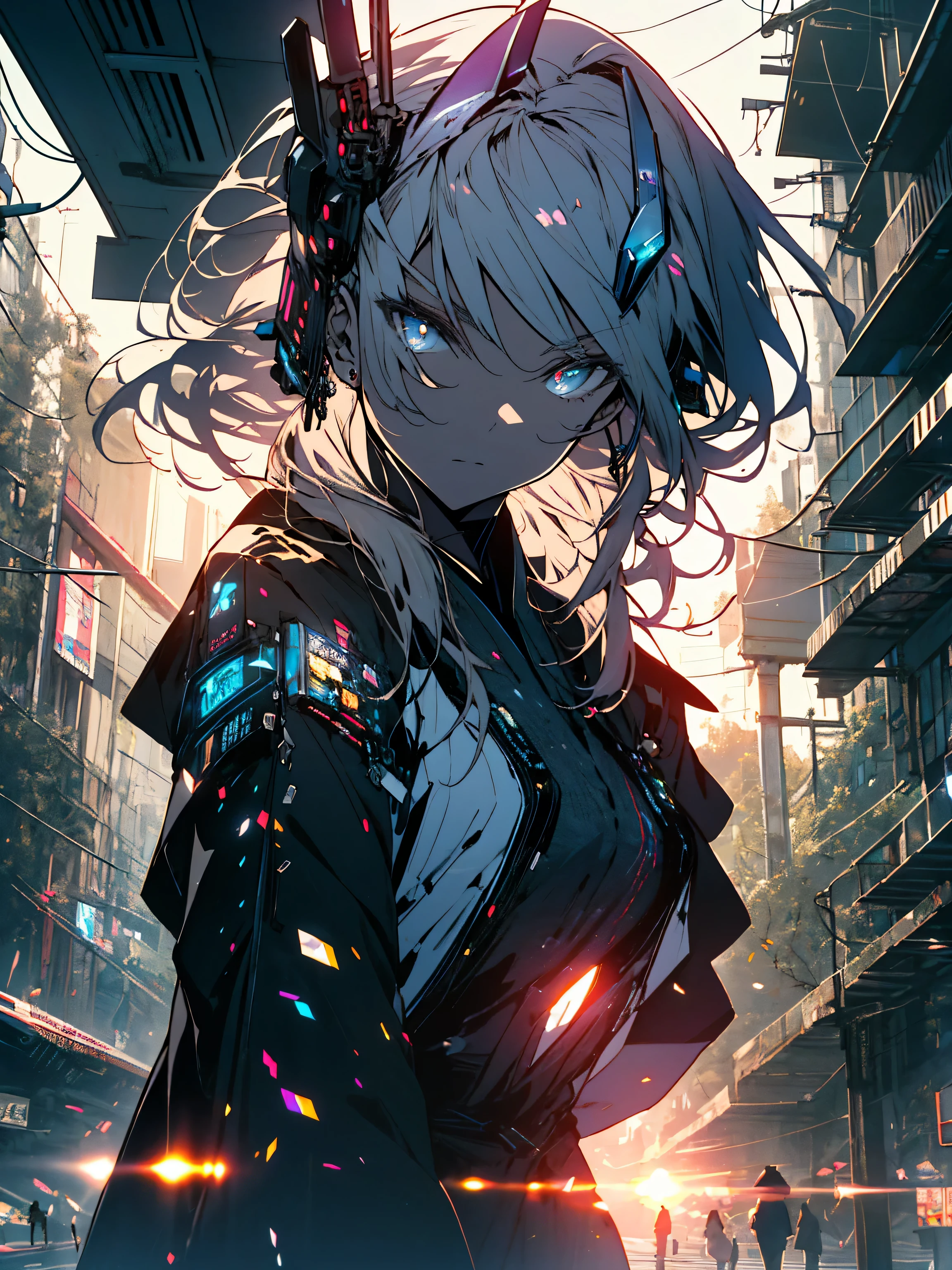 (highest quality、masterpiece、High resolution、detailed)、(Shining eyes、detailed beautiful face)、(1 girl in kimono)、a futuristic female warrior holding a katana, (delicate skin), pale skin, (in a deep neckline highly detailed sexy futuristic cyberpunk black crop top and underpants made of circuit boards, Japanese words with flare effect, beautiful magnificent composition, futuristic, masterpiece, attractive, pose for a photo、(beautiful anime)
