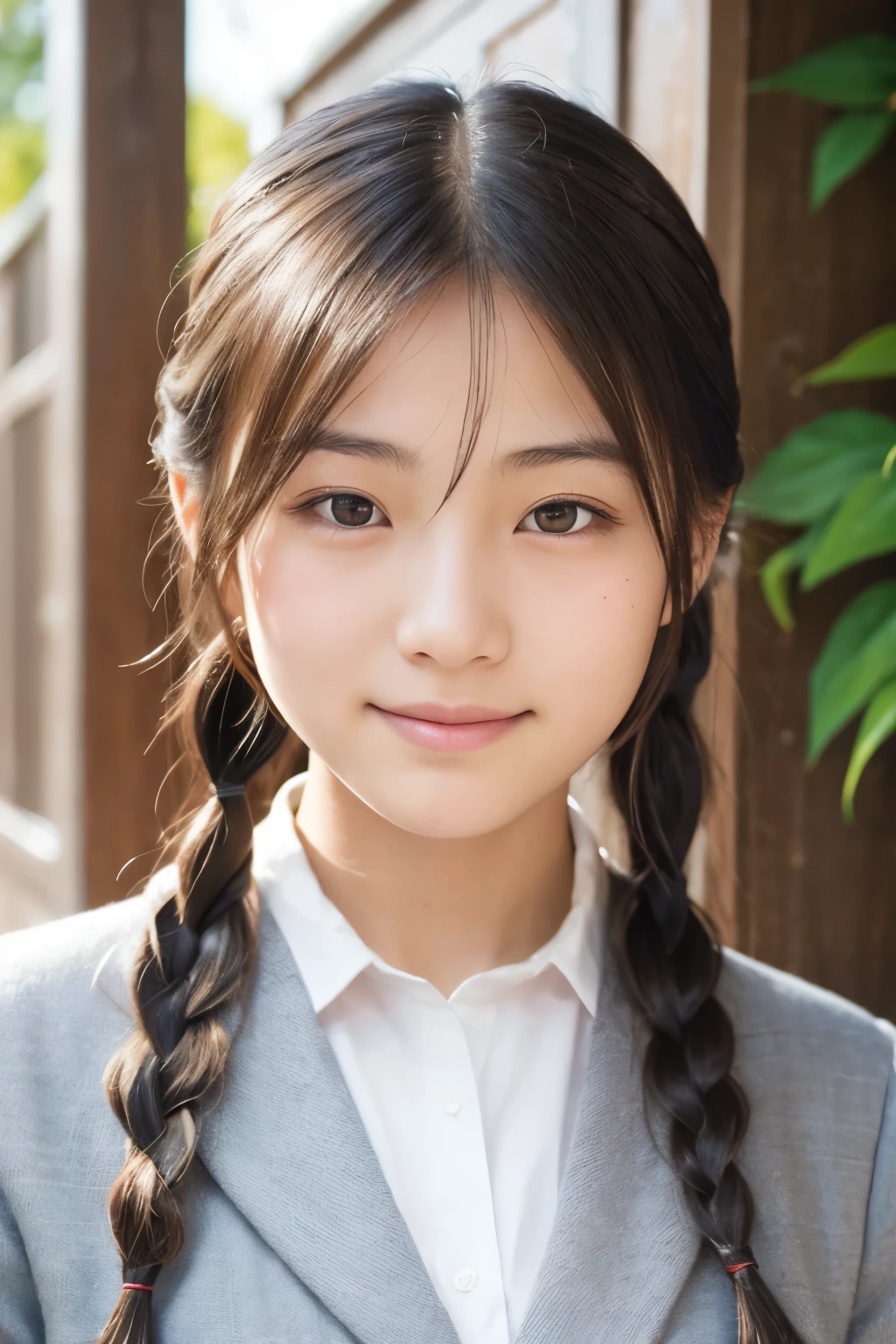 Beautiful 18 year old Japanese female), cute face, (deeply carved face:0.7), (freckles:0.6), soft light,healthy white skin, shy, (serious face), thin, smile, uniform, Braid