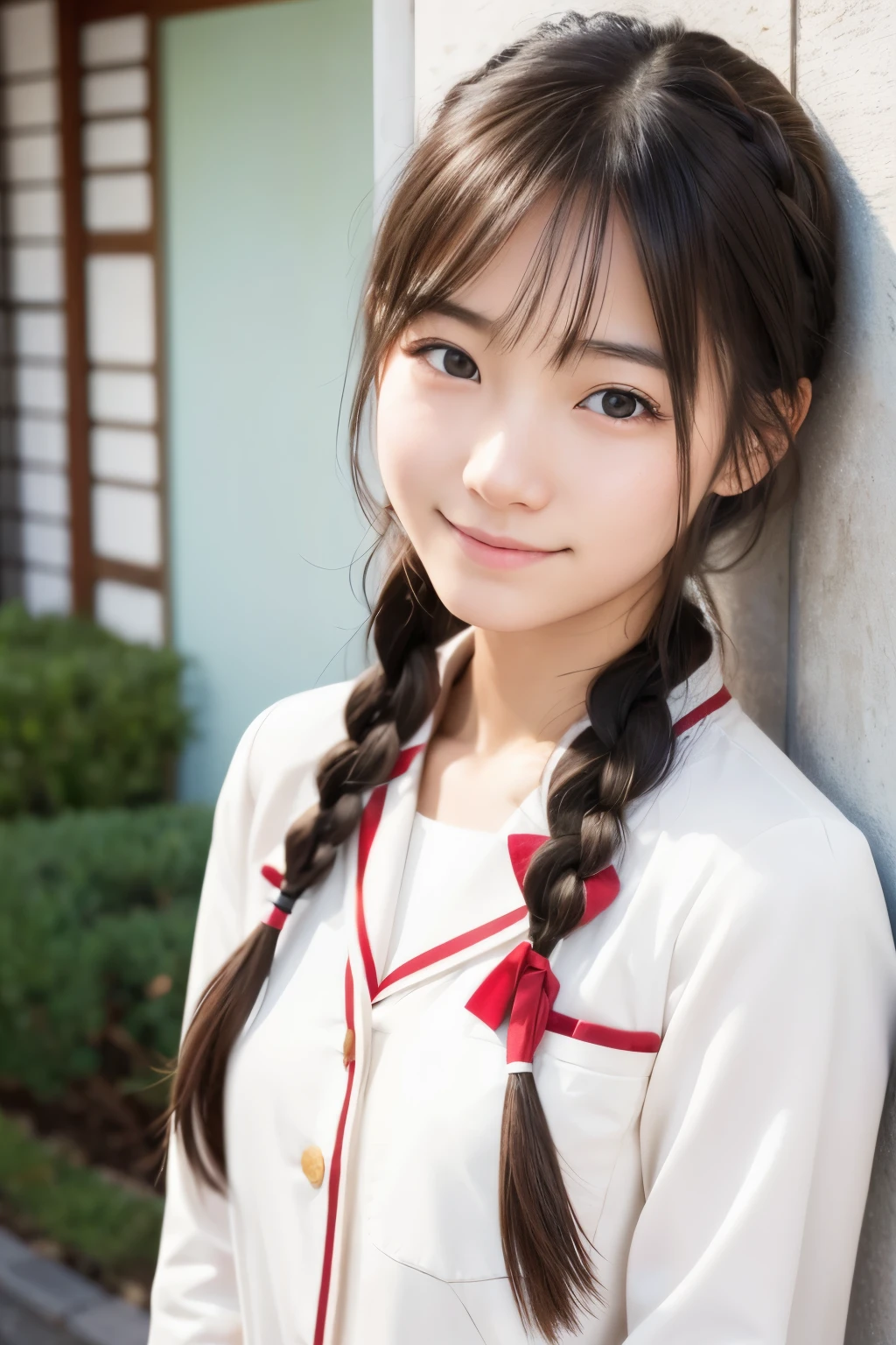 (Beautiful *********** Japanese female), cute face, (deeply carved face:0.7), (freckles:0.6), soft light,healthy white skin, shy, (serious face), (sparkling eyes), thin, smile, uniform, Braid