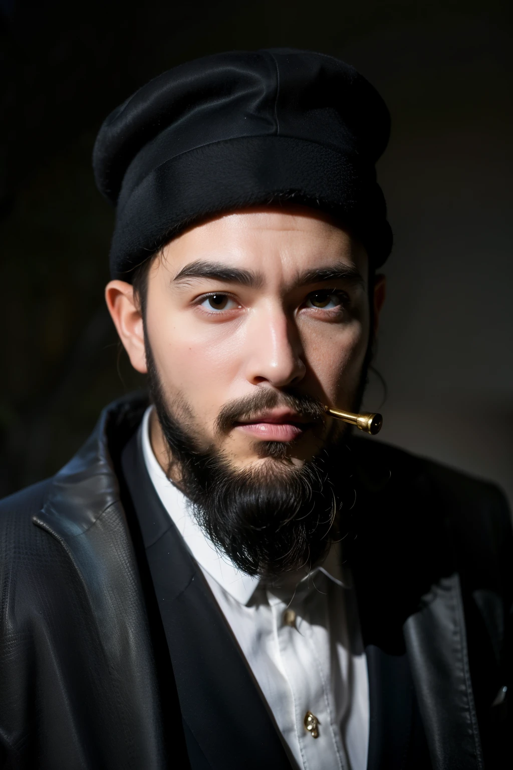 Mysterious man,beard,pipe,hat((best quality)), ((masterpiece)), (detailed), perfect face