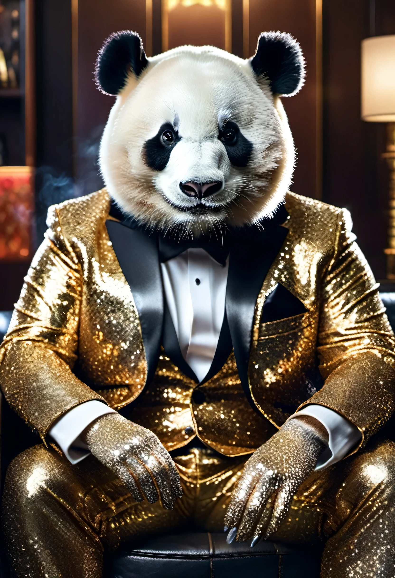 The Billionaire Panda、He wears a sparkly suit with glitter on it.、Sitting on a leather high-backed sofa、holding a lit cigar in one hand、front center、Looking at me from behind an expensive-looking desk and trying to talk to me.