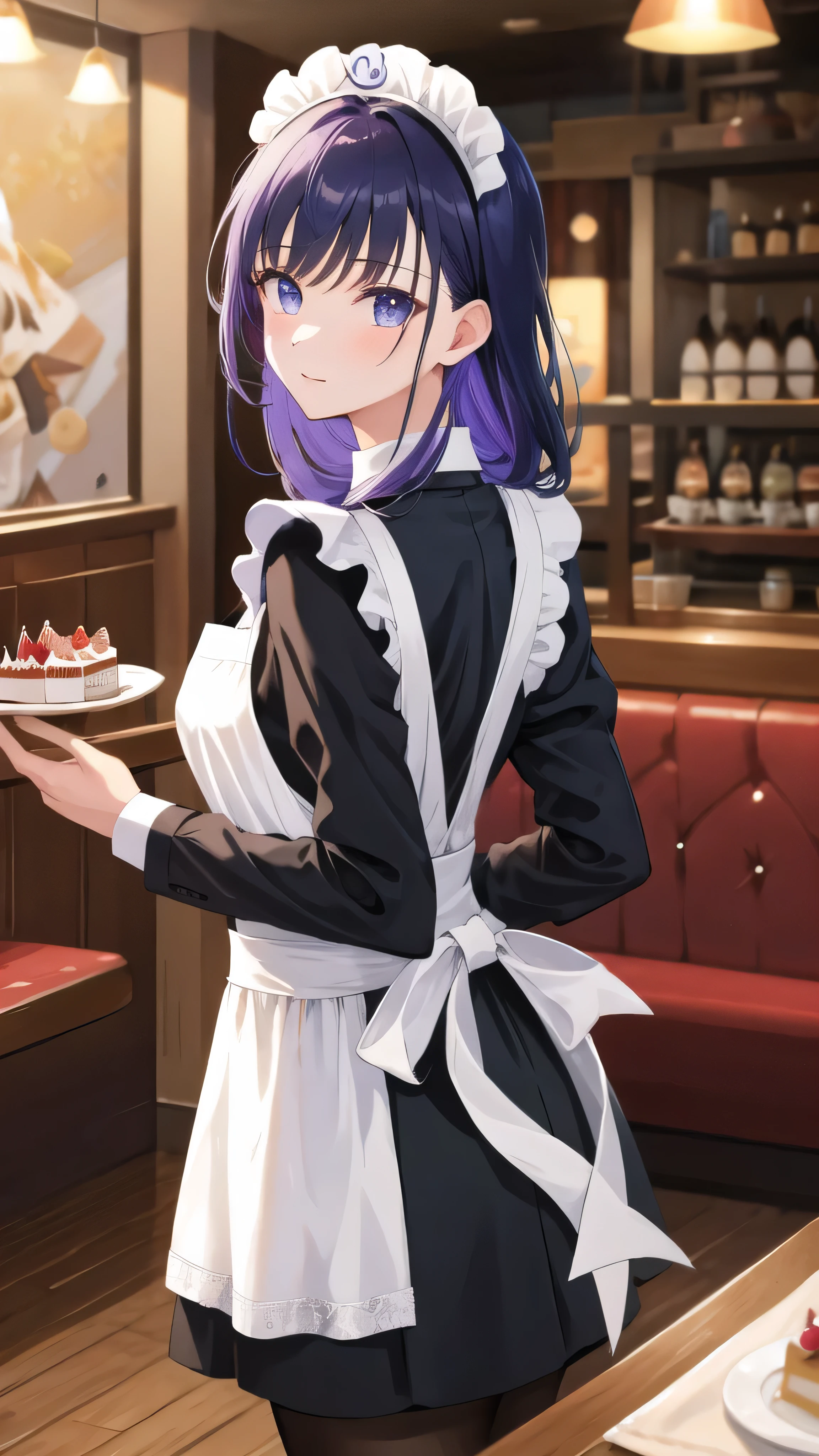 (masterpiece, highest quality, Super detailed, detailed and beautiful eyes:1.2), nice hands, perfect hands, 1 girl, raiden mei, maid, maid headdress, maid apron, pantyhose, cowboy shot, restaurant, have cake, indoors,  