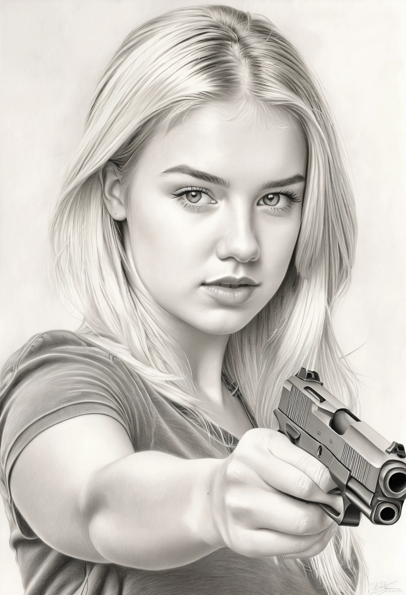 Pencil drawing, hot blonde shooting a glock gun portrait