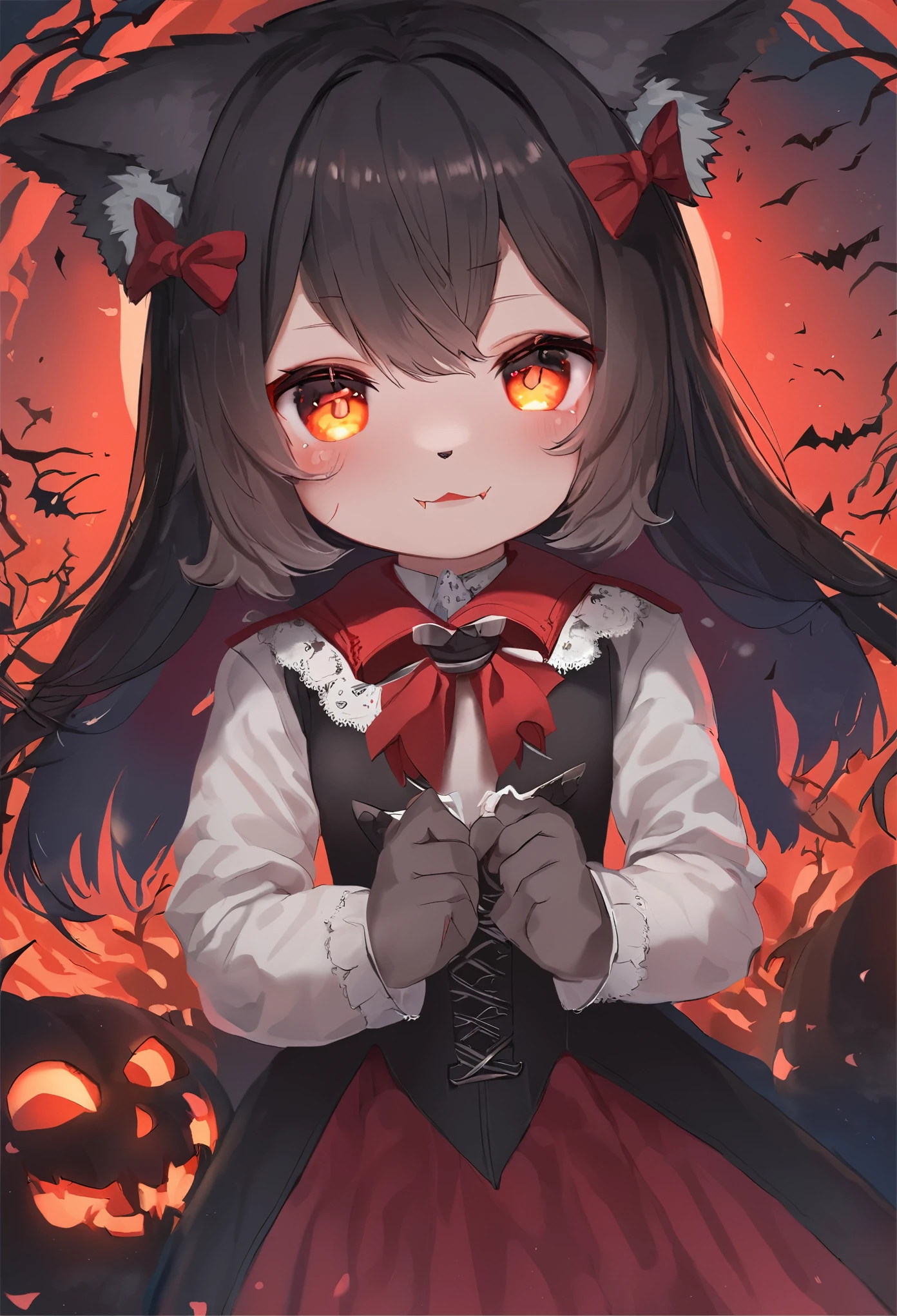 (epic, dynamic angle)top quality, best quality, High-quality illustrations, masterpiece, While creating a Halloween atmosphere, vampire with furry elements, (kemono, super cute girl, solo focus)(furry anthro)(highly detailed beautiful face and eyes)absurdres, perfect anatomy, Scene of a red full moon with a strong horror color,