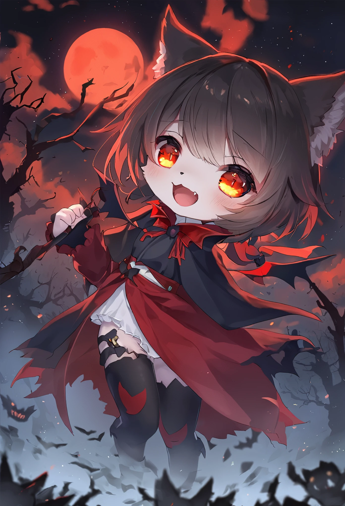 (epic, dynamic angle)top quality, best quality, High-quality illustrations, masterpiece, While creating a Halloween atmosphere, vampire with furry elements, (kemono, super cute girl, solo focus)(furry anthro)(highly detailed beautiful face and eyes)absurdres, perfect anatomy, Scene of a red full moon with a strong horror color,