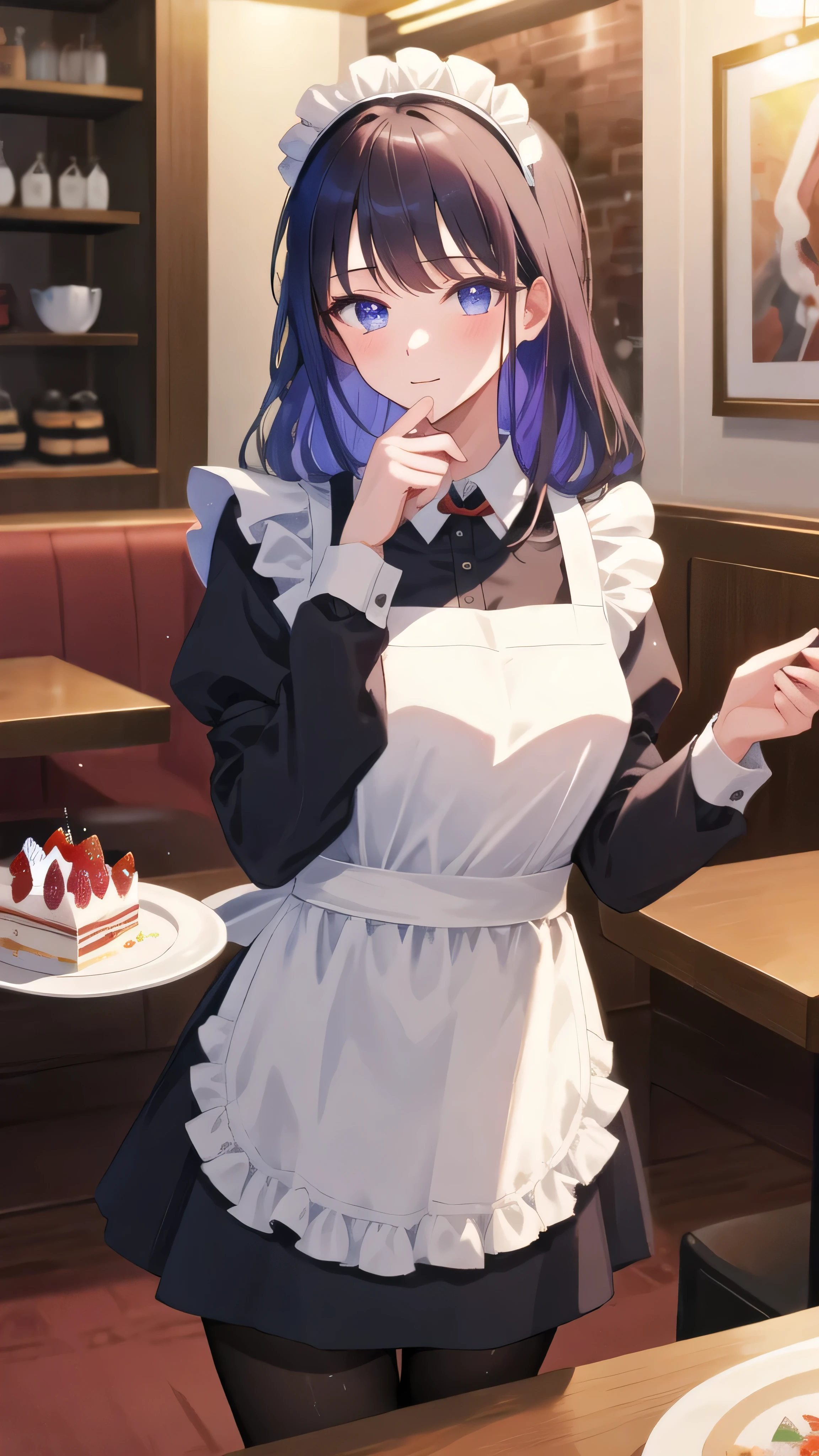 (masterpiece, highest quality, Super detailed, detailed and beautiful eyes:1.2), nice hands, perfect hands, 1 girl, raiden mei, maid, maid headdress, maid apron, pantyhose, cowboy shot, restaurant, have cake, indoors,
