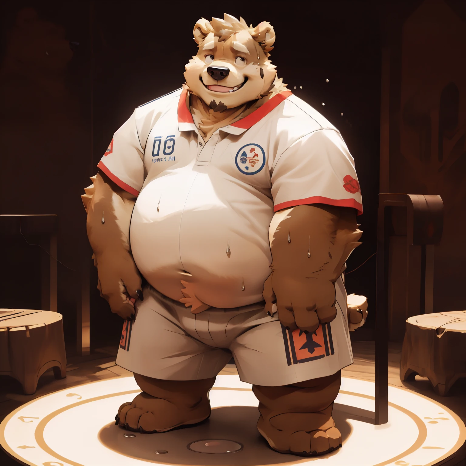 New Jersey 5 Hairy, Bear，full body portrait, male,exquisite， chubby，thick arms，plush fur，front，stand，Red striped short-sleeved shirt，white shorts，sweating，Smile