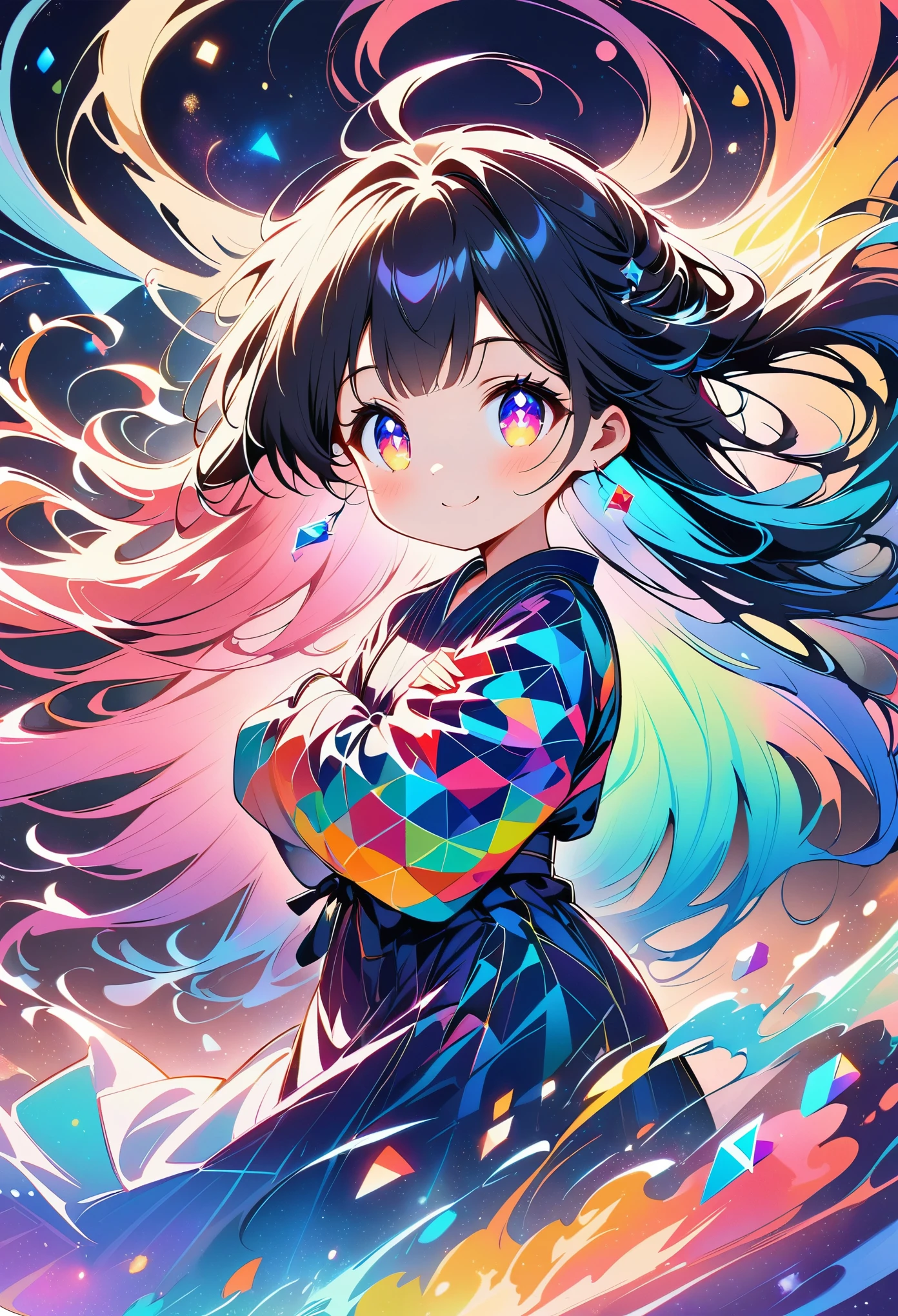 seamless geometry，blank background，geometry puzzle style，pretty girl, shining eyes, ,  happiness，cute smile，flowing hair，light blue geometric pattern yukata，周围有colorful geometric pattern，Bright colors，fireworks glowing in the background，colorful geometric pattern，eye-catching composition，abstract pattern，Geometric symmetry，Impressive visual impact，artistic interpretation，Expressive brushstrokes，Translucent layer，Contrasting tones，Exposure to warm and cold light，Fantastic and magical atmosphere，Captivating and captivating scenes