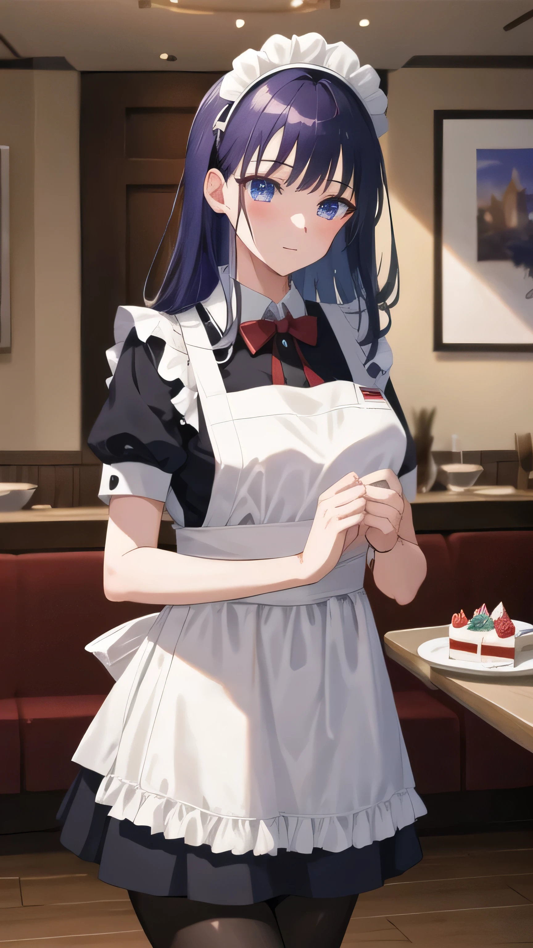 (masterpiece, highest quality, Super detailed, detailed and beautiful eyes:1.2), nice hands, perfect hands, 1 girl, raiden mei, maid, maid headdress, maid apron, pantyhose, cowboy shot, restaurant, have cake, indoors,