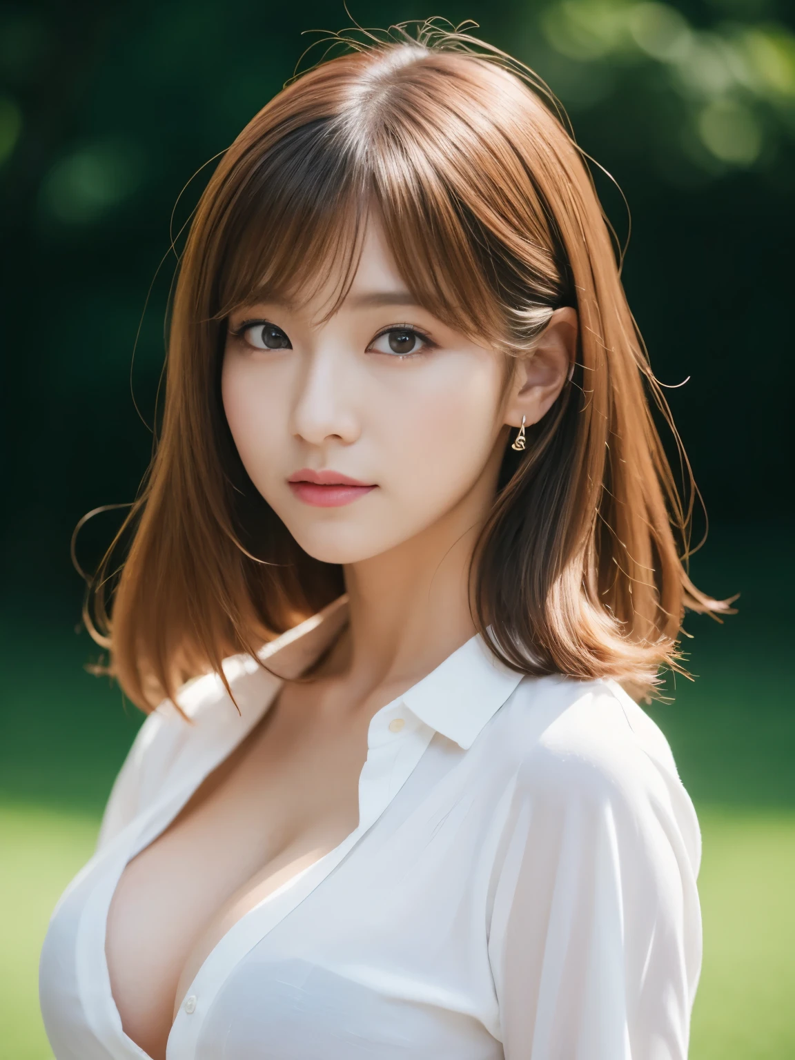 high resolution,
1 beautiful young woman, 20 years old, 
8k,best quality, masterpiece, ultra high res,(photorealistic:1.4), RAW photo, (fair skin:1.2),
wearing a white clothes,
85mm lens,f/8.0,
background,
gyaru,
brown hair,
medium breasts,
looking at viewer, beautiful eyes
((white shirt)), (cleavage:0.9), (cute:1.2), ((jpop idol)), (upper thigh:0.6), (depth of field),soft light, Lens Glow, full body,
(neat Lady:1.2)