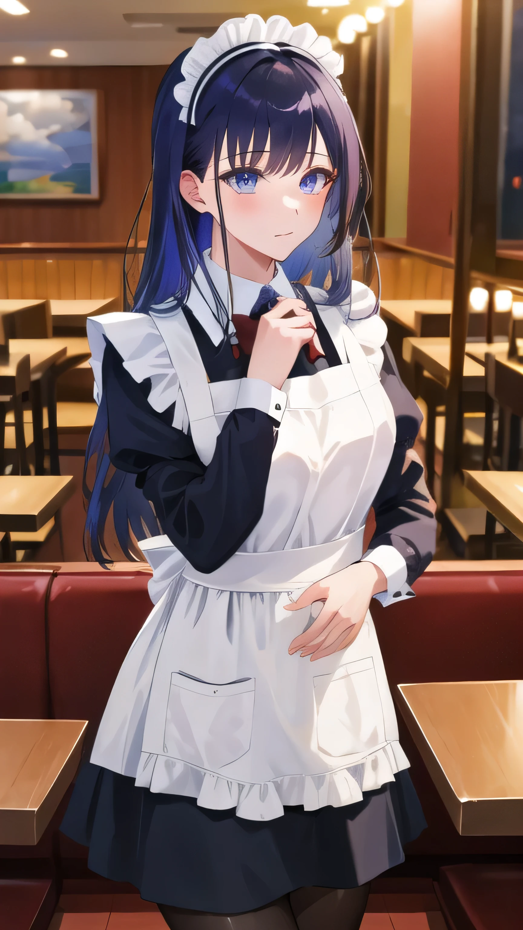 (masterpiece, highest quality, Super detailed, detailed and beautiful eyes:1.2), nice hands, perfect hands, 1 girl, raiden mei, maid, maid headdress, maid apron, pantyhose, cowboy shot, restaurant, have cake, indoors,