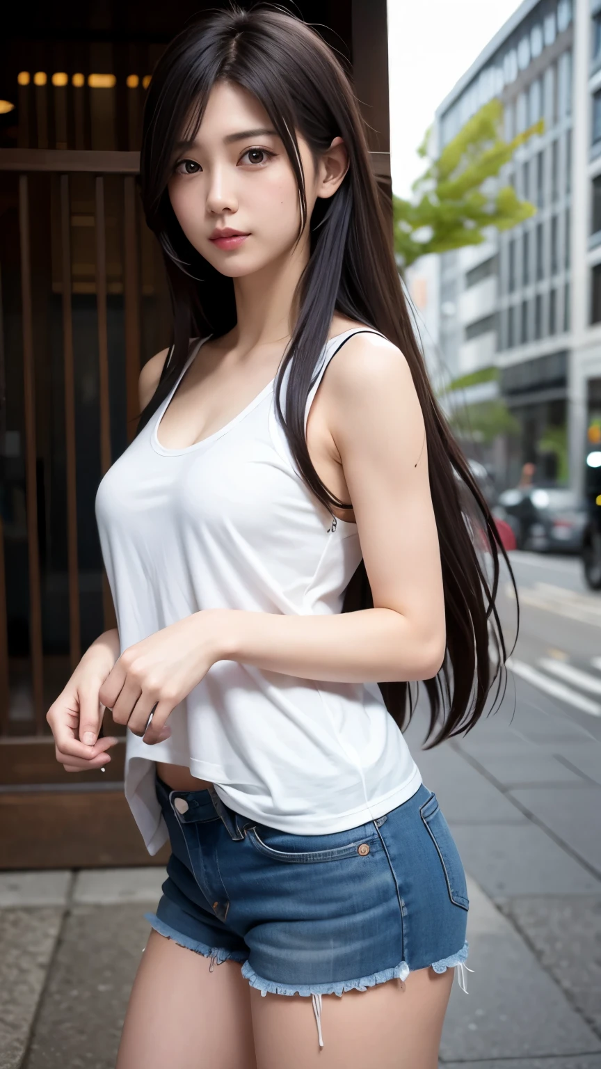 (masterpiece, highest quality:1.2), 1 girl, alone,Are standing_Split, long hair, white sleeveless tank top，Blue Denim Shorts