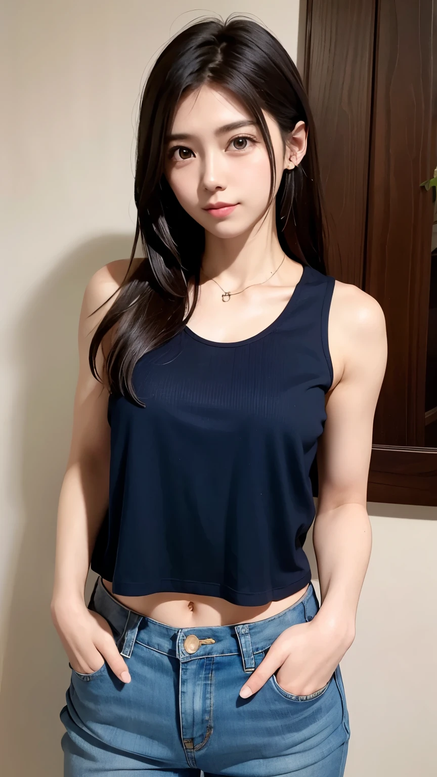 A woman in a black top and jeans posing for a picture - SeaArt AI
