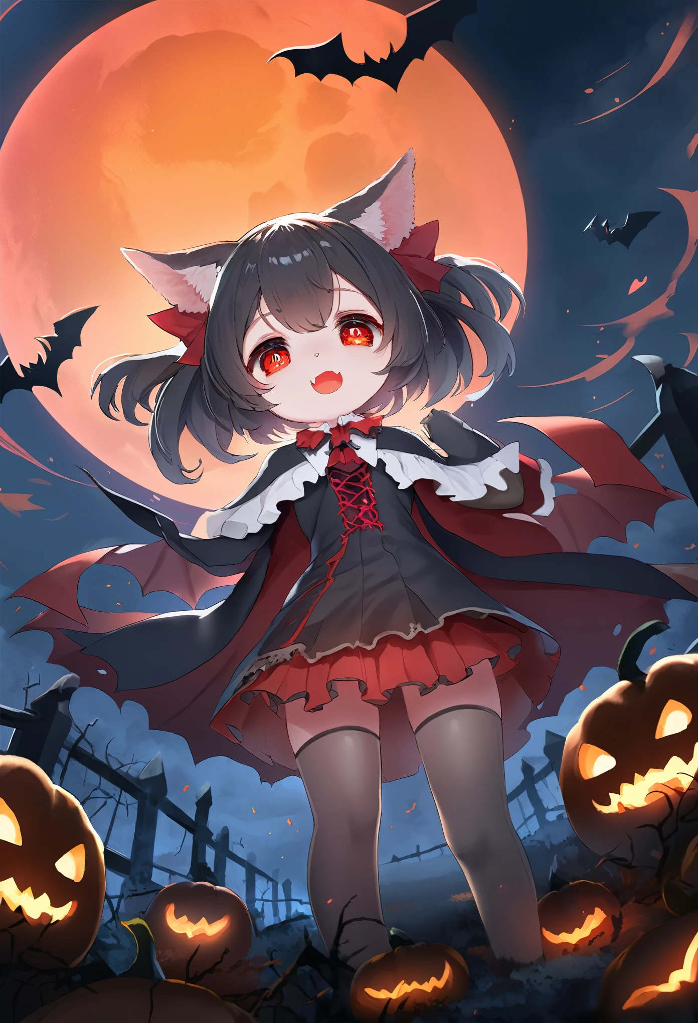 (epic, dynamic angle)top quality, best quality, High-quality illustrations, masterpiece, While creating a Halloween atmosphere, vampire with furry elements, (kemono, super cute girl, solo focus)(furry anthro)(highly detailed beautiful face and eyes)absurdres, perfect anatomy, Scene of a red full moon with a strong horror color,