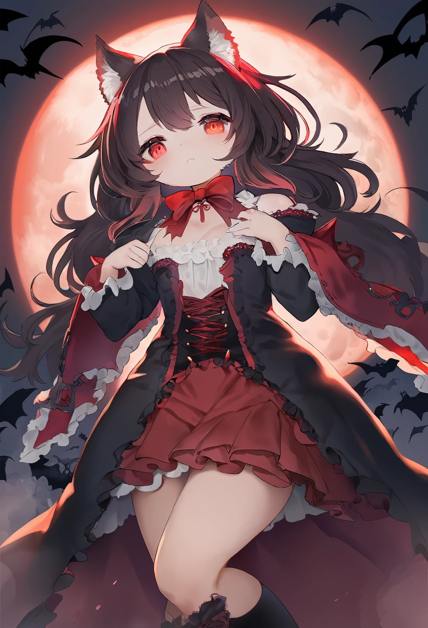(epic, dynamic angle)top quality, best quality, High-quality illustrations, masterpiece, While creating a Halloween atmosphere, vampire with furry elements, (kemono, super cute girl, solo focus)(furry anthro)(highly detailed beautiful face and eyes)absurdres, perfect anatomy, Scene of a red full moon with a strong horror color,