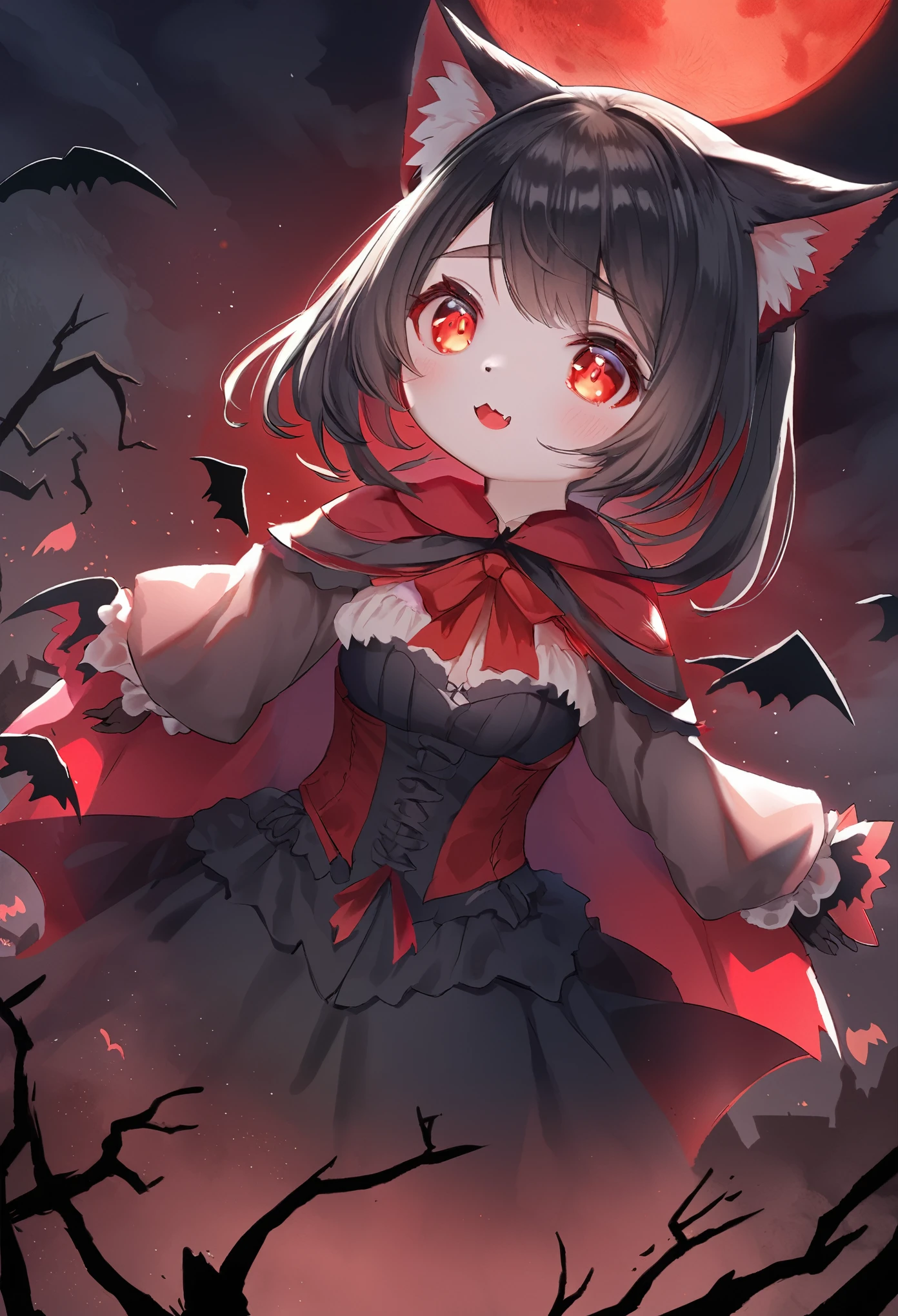 (epic, dynamic angle)top quality, best quality, High-quality illustrations, masterpiece, While creating a Halloween atmosphere, vampire with furry elements, (kemono, super cute girl, solo focus)(furry anthro)(highly detailed beautiful face and eyes)absurdres, perfect anatomy, Scene of a red full moon with a strong horror color,
