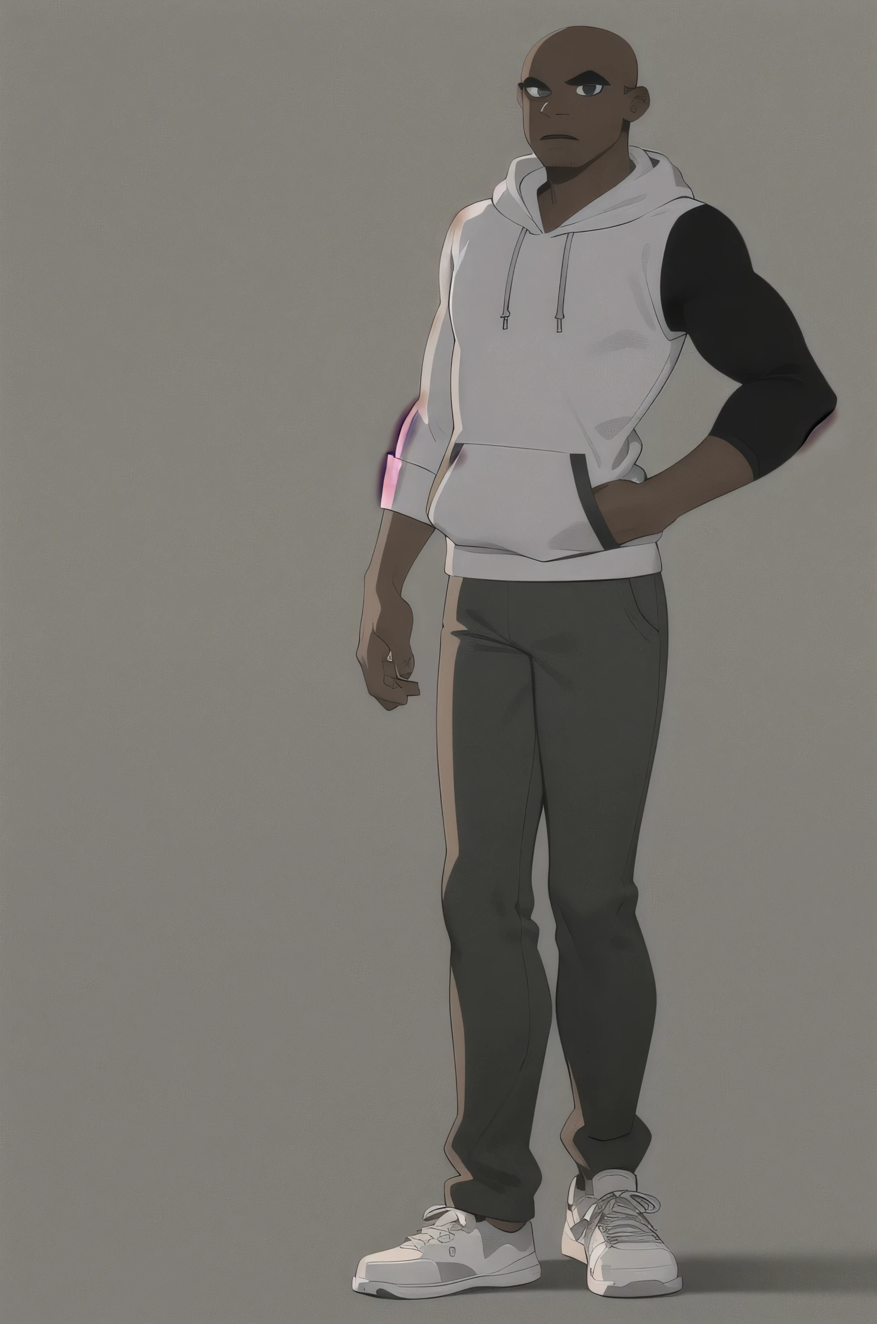 masterpiece, best quality, 1boy, victorhuman, 1boy, dark skin, hoodie, grey pants, black eyes, dark skin, bald,  hands on hips, solo, solid grey background 