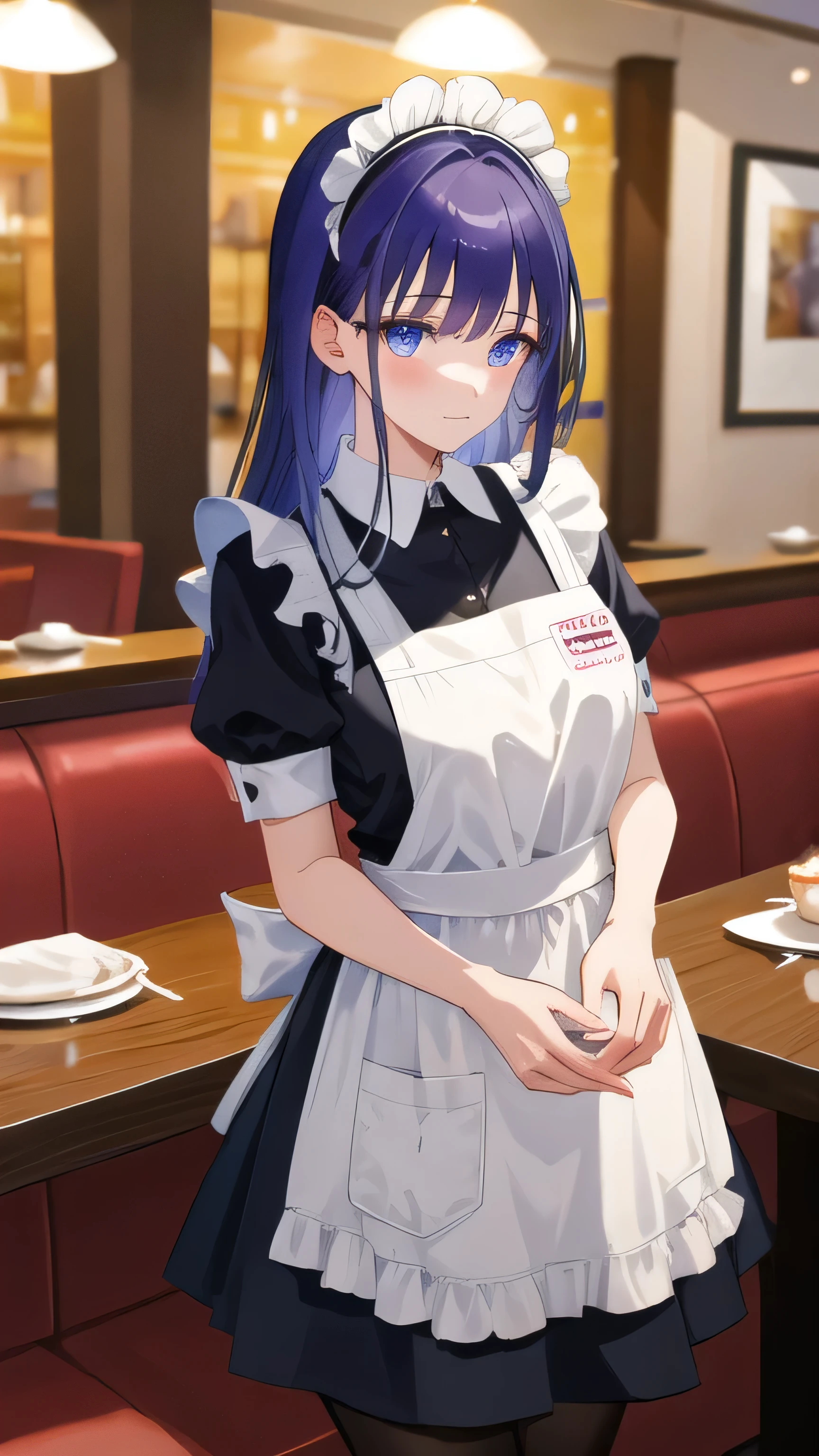 (masterpiece, highest quality, Super detailed, detailed and beautiful eyes:1.2), nice hands, perfect hands, 1 girl, raiden mei, maid, maid headdress, maid apron, pantyhose, cowboy shot, restaurant, have cake, indoors,  