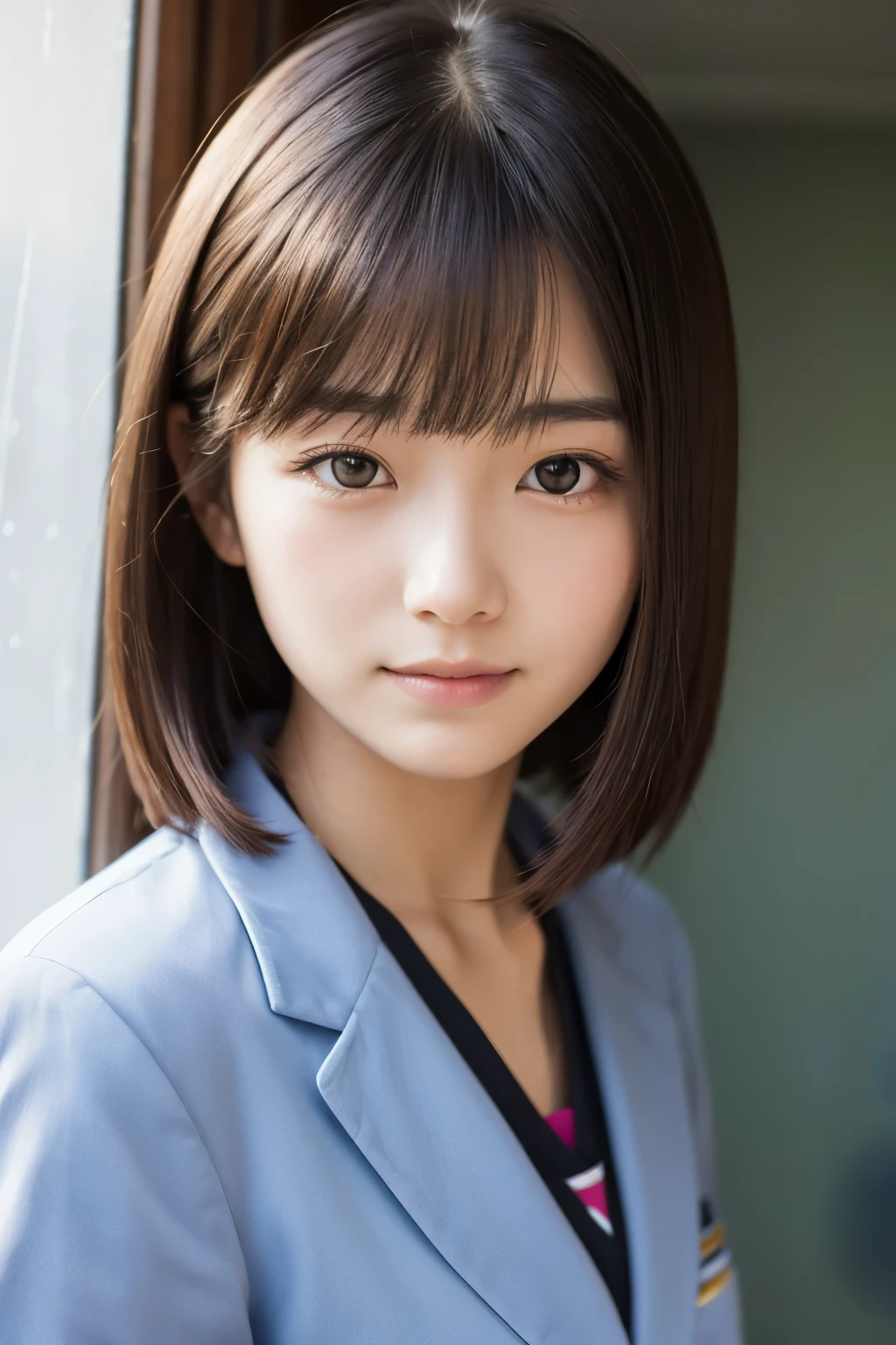 (Beautiful 18 year old Japanese woman), cute face, (deeply carved face:0.7), (freckles:0.6), soft light,healthy white skin, shy, (serious face), thin, smile, uniform, bob