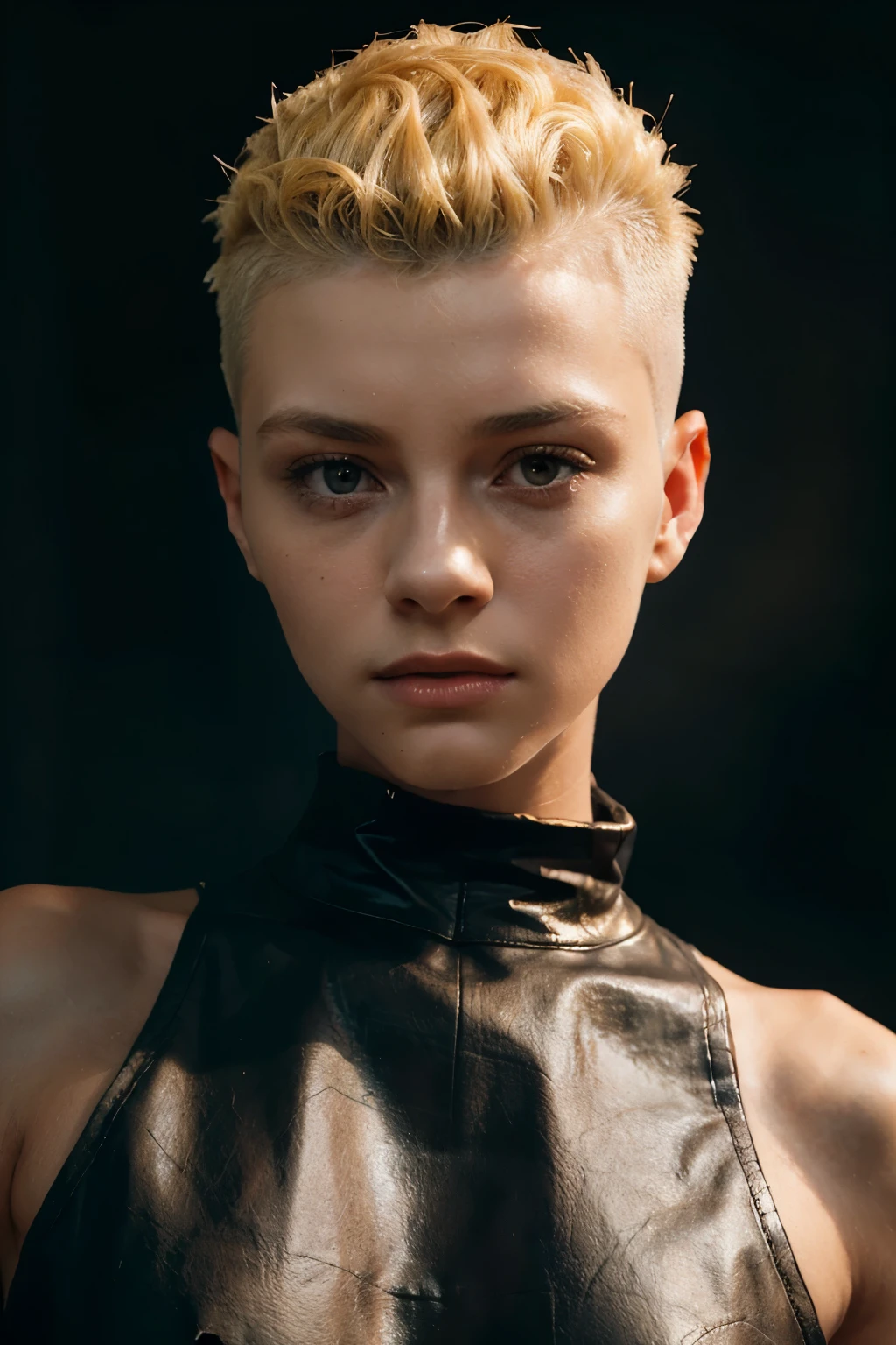 a 20 yo woman, blonde, (hi-top fade:1.3), dark theme, soothing tones, muted colors, high contrast, (natural skin texture, hyperrealism, soft light, sharp)