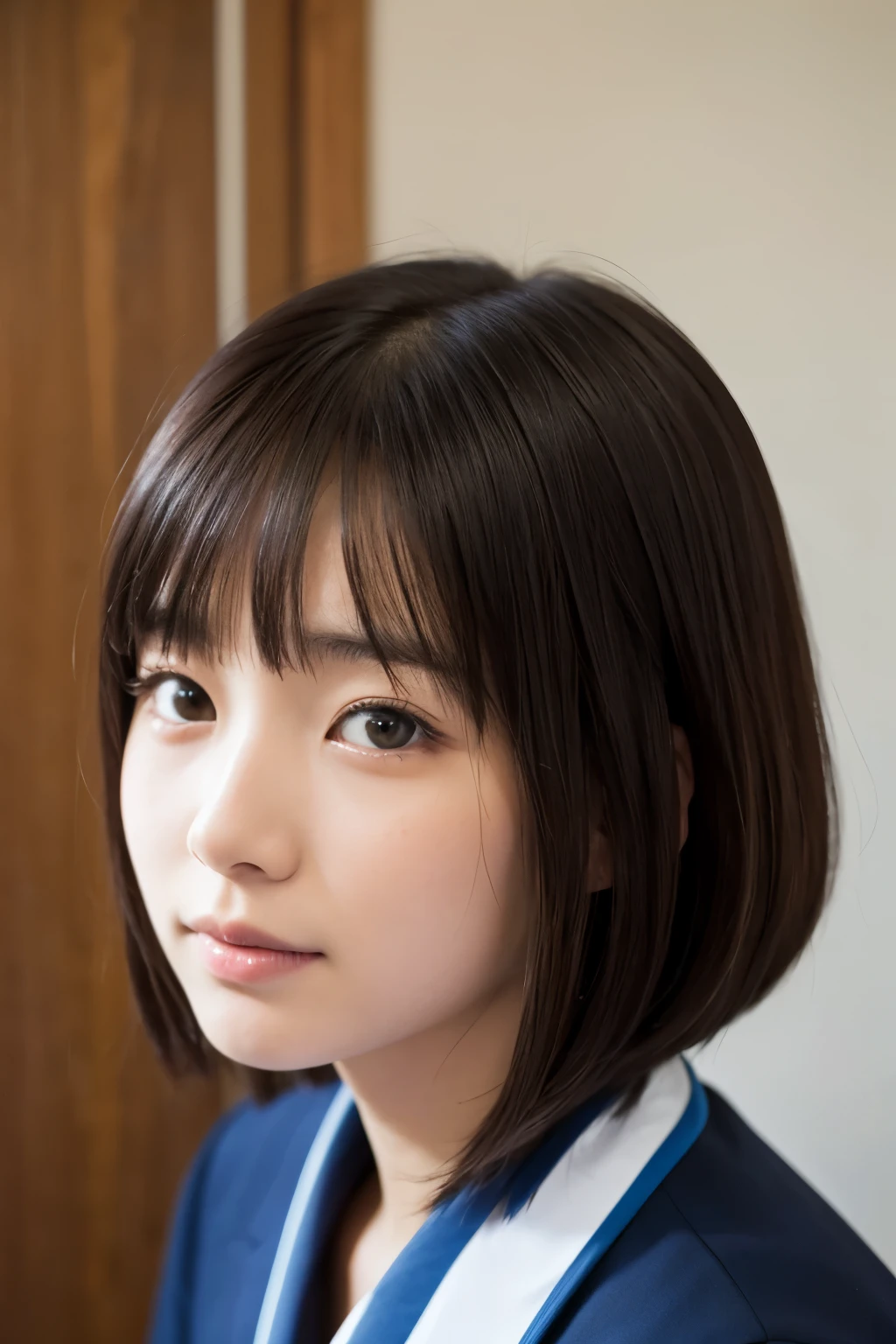 (Beautiful 18 year old Japanese woman), cute face, (deeply carved face:0.7), (freckles:0.6), soft light,healthy white skin, shy, (serious face), thin, smile, uniform, bob