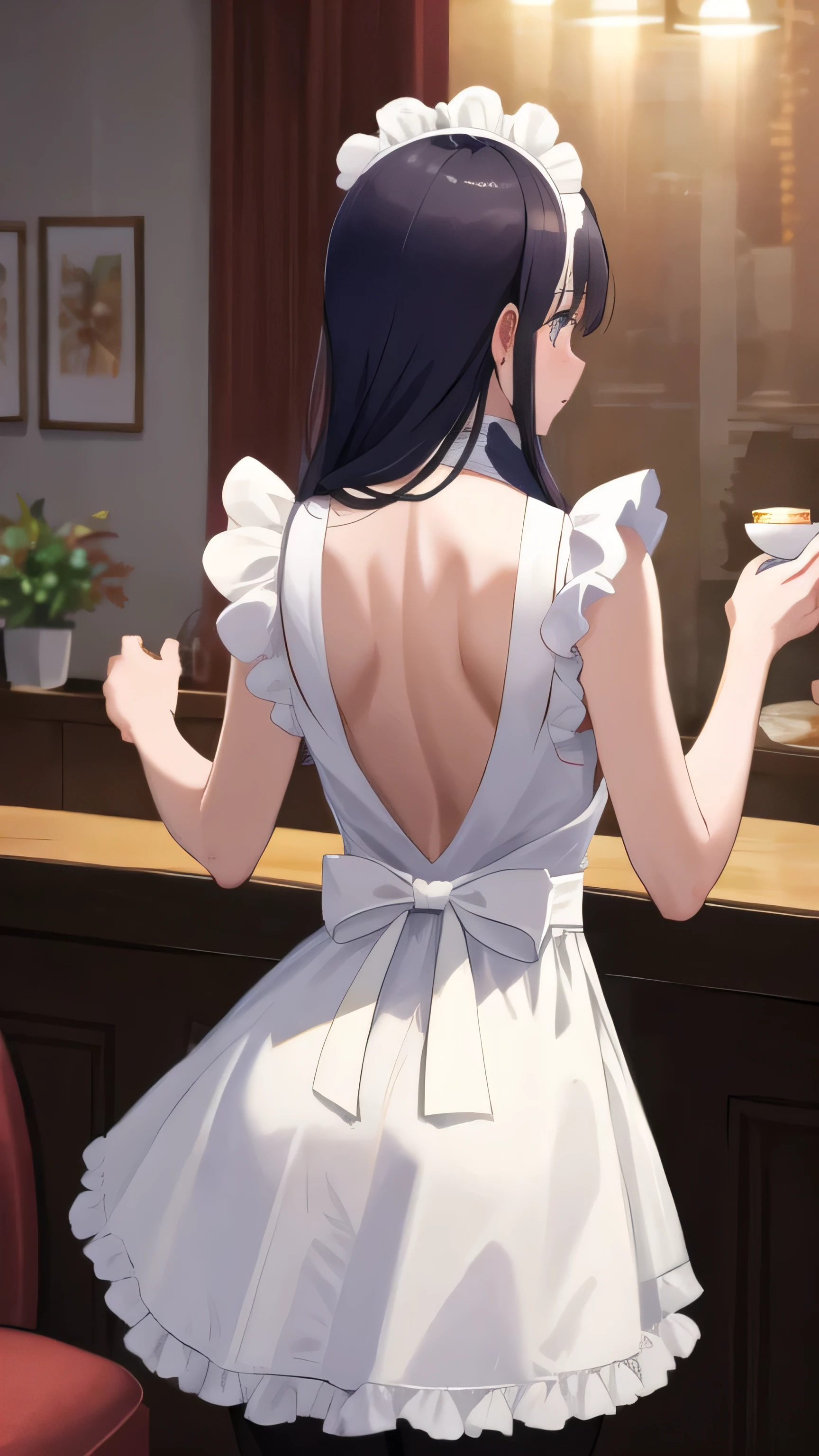 (masterpiece, highest quality, Super detailed, detailed and beautiful eyes:1.2), nice hands, perfect hands, 1 girl, raiden mei, maid, maid headdress, maid apron, pantyhose, cowboy shot, restaurant, Have a teacup, indoors,  back view