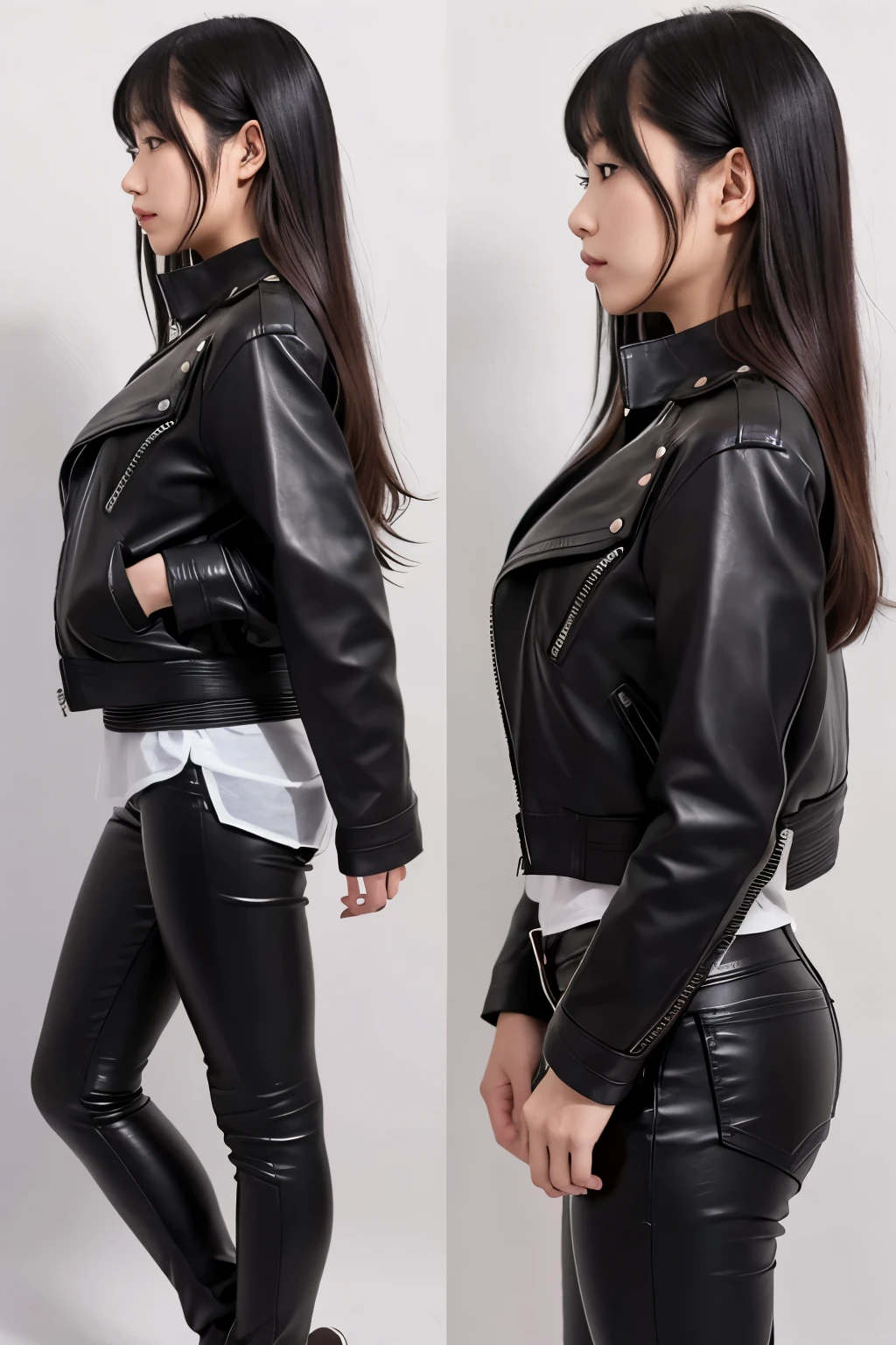 Japanese 20age woman, full body, no nude very huge breasts, side view, hair color is black, long wave hair, wearing black leather jacket bulge in her chest, {{{closing leather jacket zip,}}} black leather flared pants, full leather