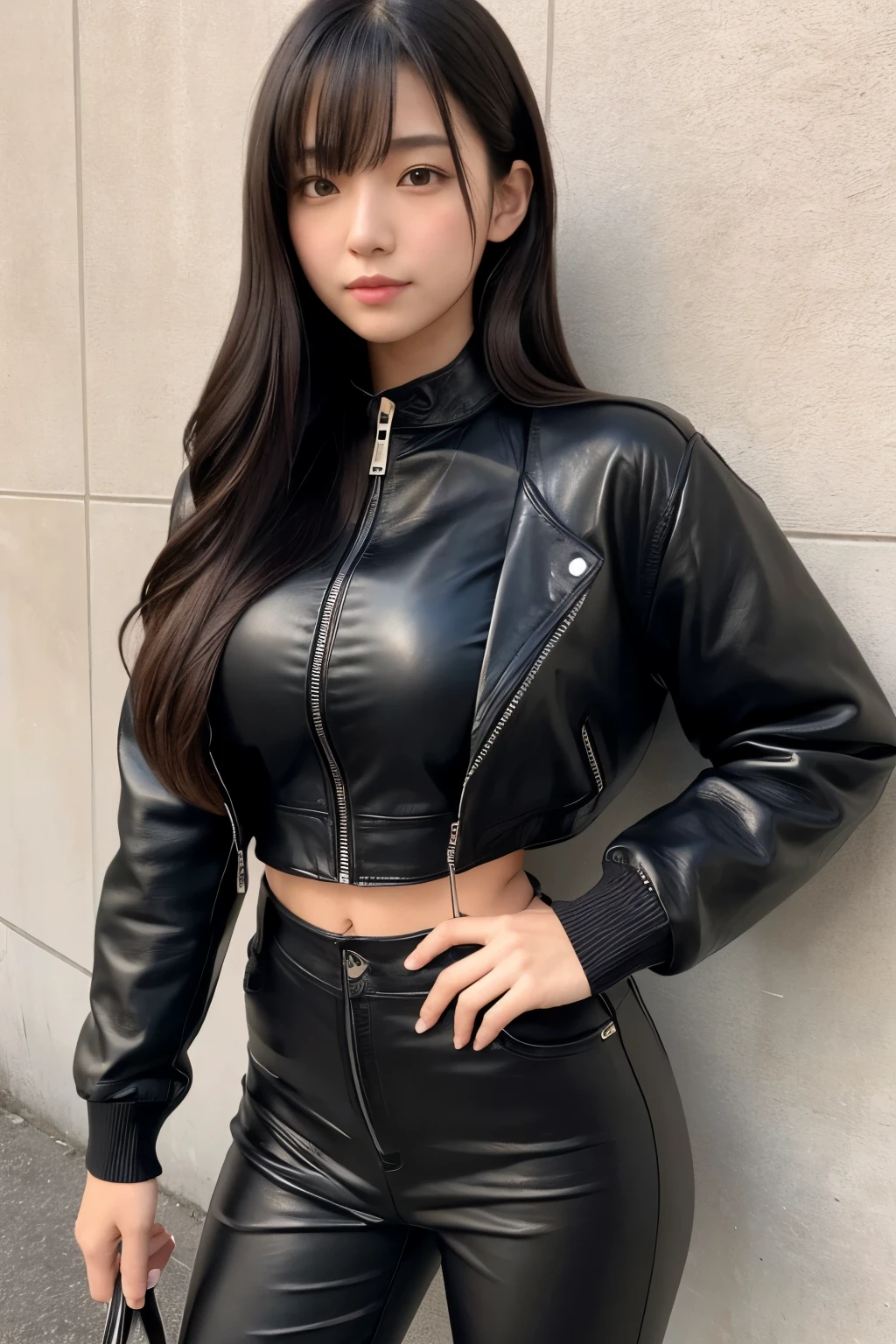 Japanese 20age woman, full body, no nude very very huge breasts, hair color is black, long wave hair, wearing black leather jacket bulge in her chest, {{{closing leather jacket zip,}}} black leather flared pants, full leather