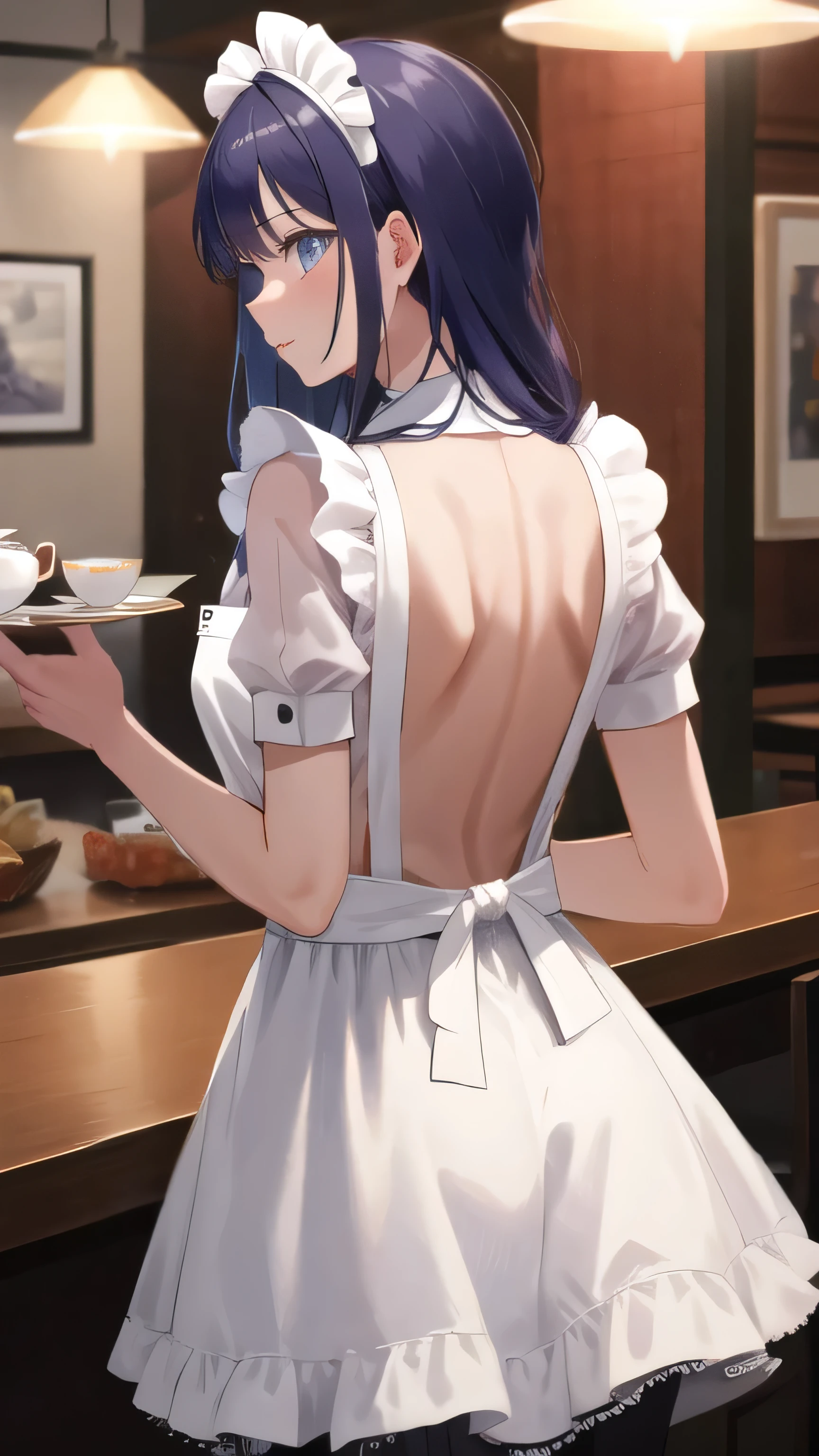 (masterpiece, highest quality, Super detailed, detailed and beautiful eyes:1.2), nice hands, perfect hands, 1 girl, raiden mei, maid, maid headdress, maid apron, pantyhose, cowboy shot, restaurant, Have a teacup, indoors,  back view