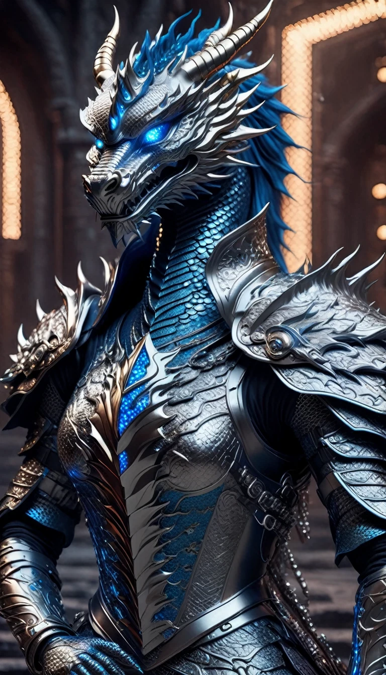 Gorgeous anthropomorphic Chinese Dragon Rider crushes the dungeon, with big sparkling blue eyes, wearing exquisite and dominating chainmail silver armor, with intricate platinum dragon metal design, hideous, dominating and majestic, (Background: Cyberpunk Dungeon), Art Station, Thomas Cade , Cinematic Lighting Effects, Unreal Engine, Octane Render, 8K HD