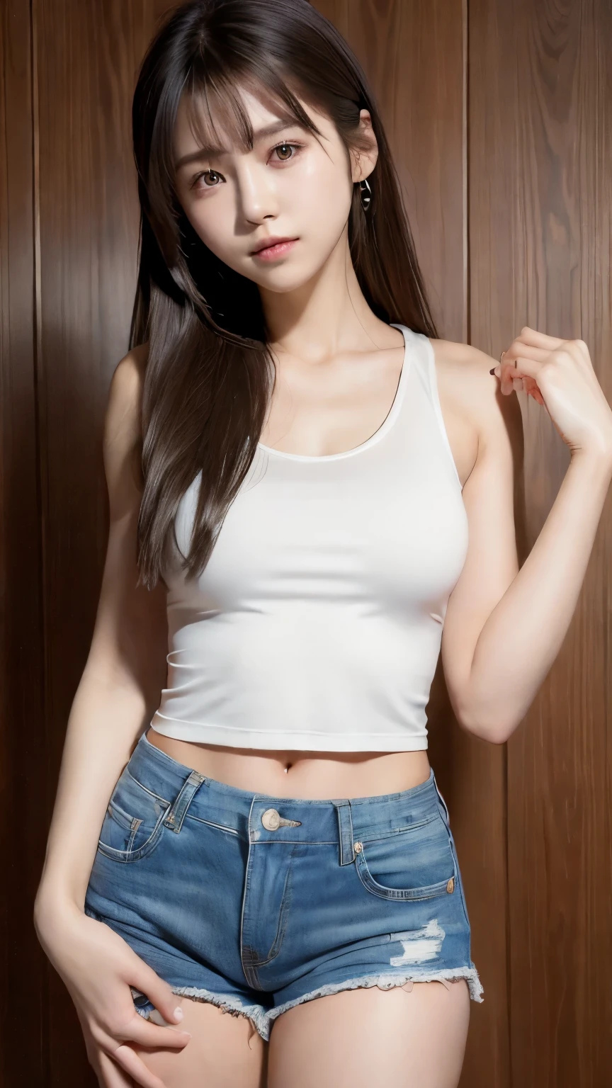 (masterpiece, highest quality:1.2), 1 girl, alone,Are standing_Split, 
long hair, white sleeveless tank top，Blue Denim Shorts