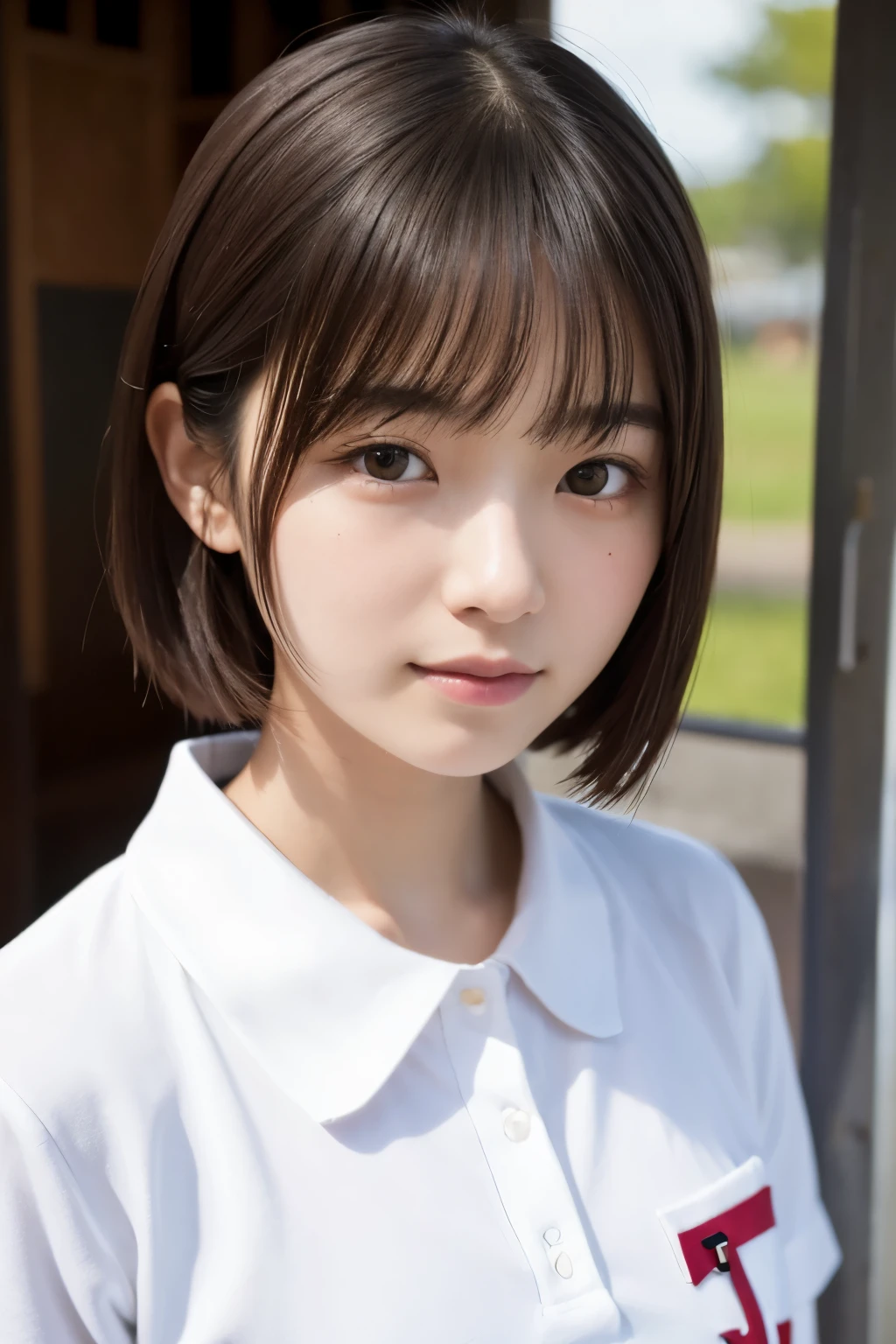 (Beautiful 18 year old Japanese woman), cute face, (deeply carved face:0.7), (freckles:0.6), soft light,healthy white skin, shy, (serious face), thin, smile, uniform, bob