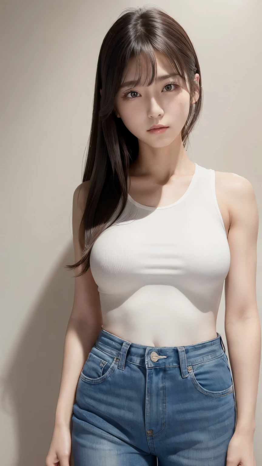 (masterpiece, highest quality:1.2), 1 girl, alone,Are standing_Split, 
long hair, white sleeveless tank top，Blue Denim Shorts