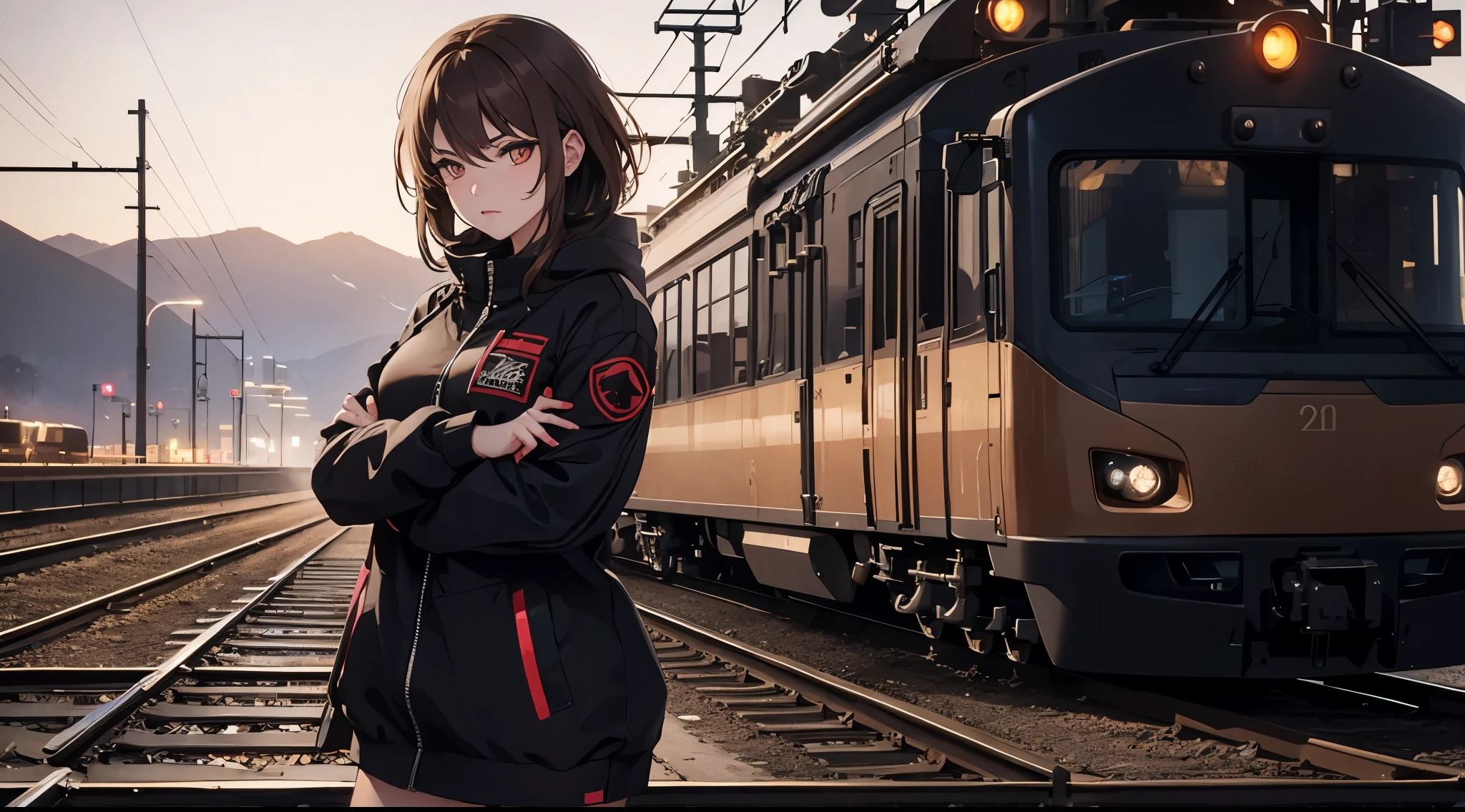 , highest quality,on your knees , night background , 1 girl, (natural eyeliner), light brown hair swaying , natural makeup, eye shadow, Red cyberpunk cosplay with locomotive logo printed on it、Pose standing on the railroad tracks