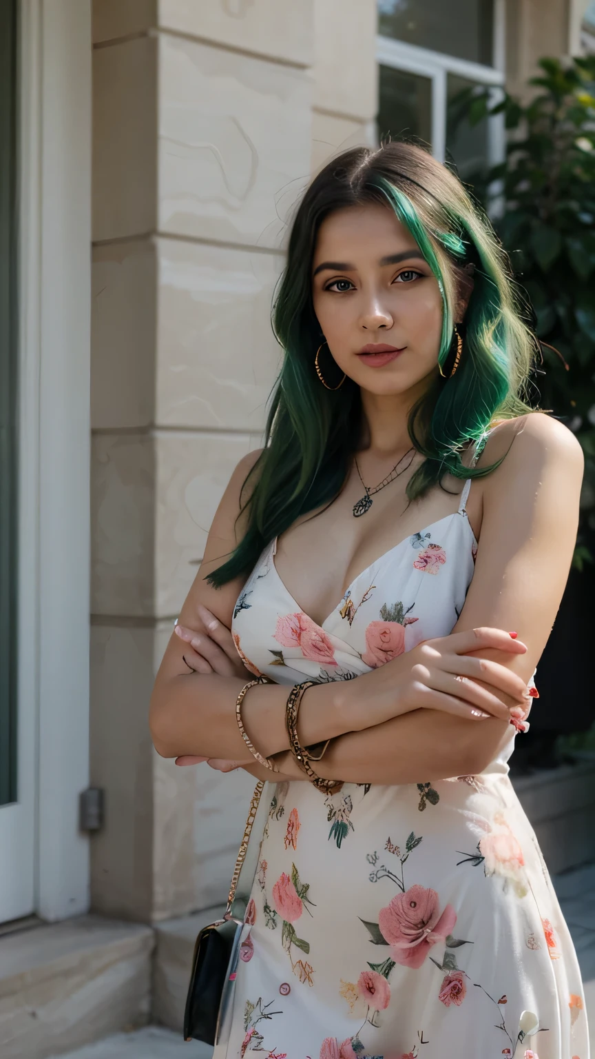 1girls, Nur, green Hair , 24 years old , She is wearing a black dress with a slit, heavy makeup, and extravagant jewelry.