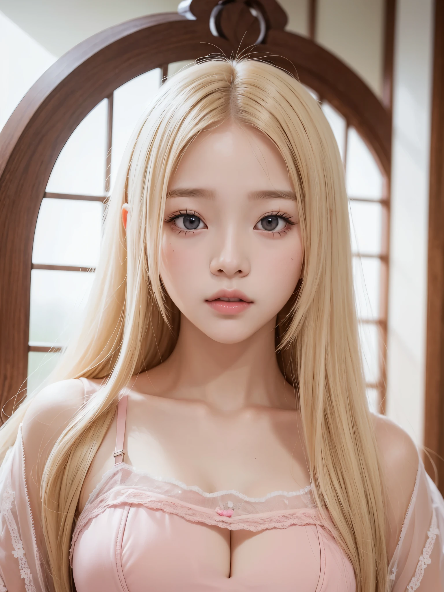 A young girl with very light blonde hair and pretty 20 years old, con cara de Wonyoung, Jang Wonyoung, doll eyes, estilo lindo, pink lingerie. Chica japonesa, very tender and sexy asian girl with pale skin, ojos grandes, labios gruesos, ropa rosa, ella tiene el cabello muy largo, her face is pretty like a , se parece a Jang Wonyoung de ive, es Wonyoung, pecho grande.