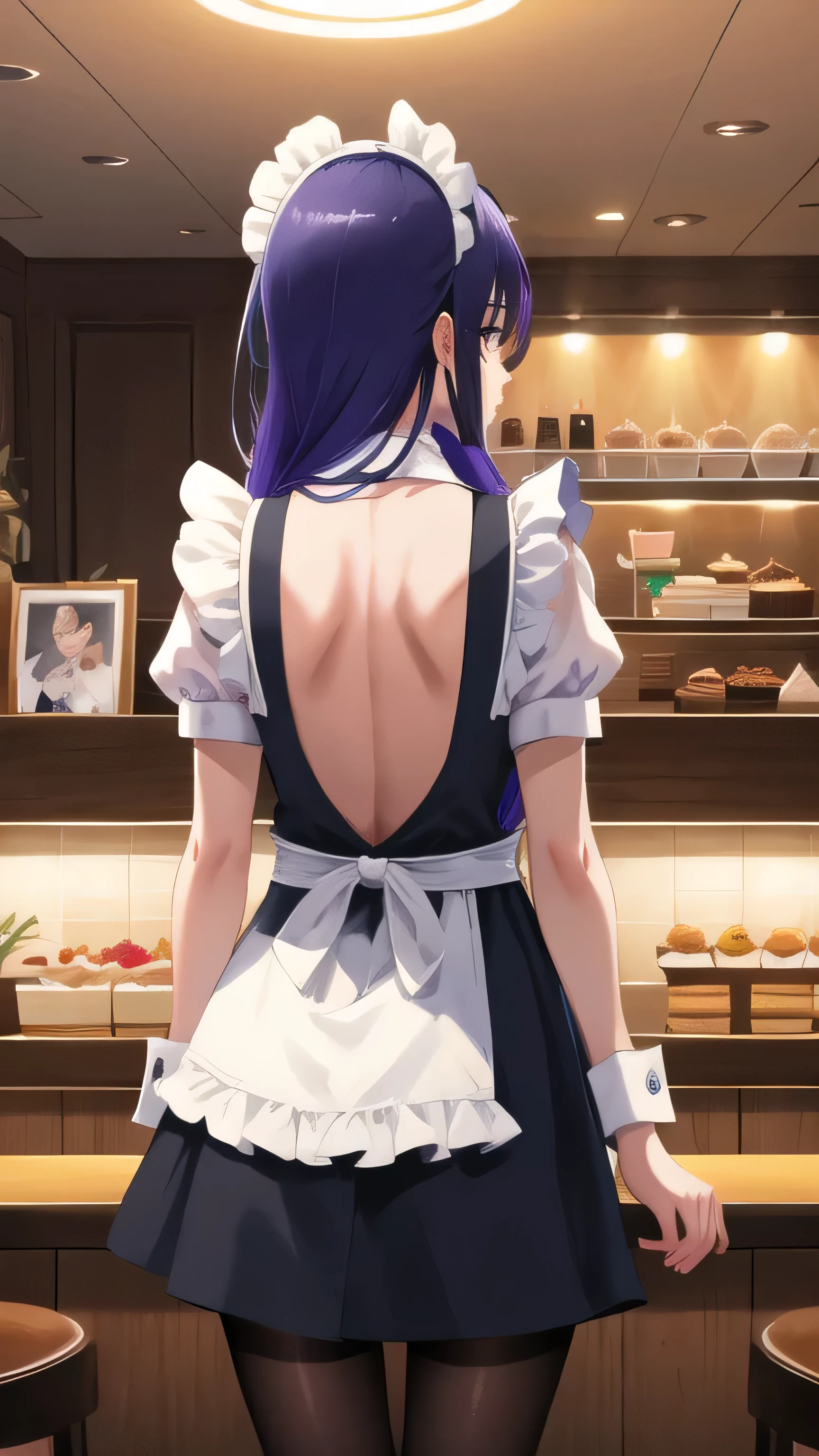 (masterpiece, highest quality, Super detailed, detailed and beautiful eyes:1.2), nice hands, perfect hands, 1 girl, raiden mei, maid, maid headdress, maid apron, pantyhose, cowboy shot, restaurant, Tea cup、cake, indoors,  back view