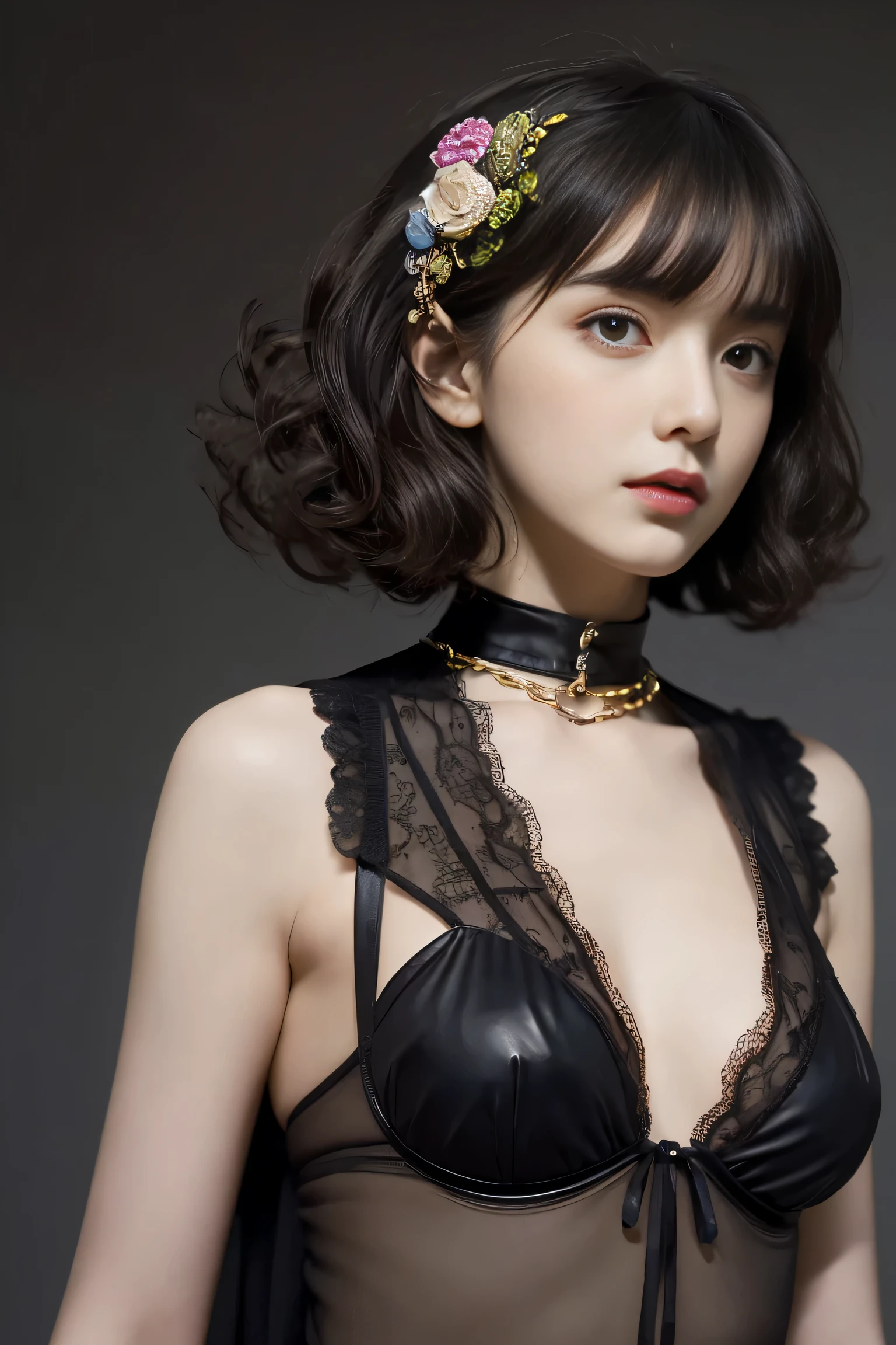 (((masterpiece, highest quality, Super detailed))), 1 female, (((very thin body))) , (((length, thin legs))), (((black short perm hair, thick and fluffy bangs ))), (((highly detailed face))), cosmetics free, small and thin nose, small thin mouth, (((Very sharp focused eyes))),  Japanese,  beautiful face, (lifelike face),  beautiful hairstyle, realistic eyes, fine and beautiful eyes, (real looking skin), beautiful skin, charm, ultra high resolution, surreal, high detail, golden ratio, (detail makeup:1.2), A photo shoot that recreates Tim Burton&#39;s worldview、Dark and mysterious costumes will be one of the main features.。Victorian style black or dark gray lingerie、The design incorporates gothic elements.。Accessories include leather items and studs、Chains are important。Image quality is high、While ensuring that every detail is clearly captured,、Use a bright and vivid color palette。As a background:、Mysterious and bizarre cityscapes and fantastic locations that appear in his works have been selected.、It creates images with dark shadows and strange details that are typical of Tim Burton.。