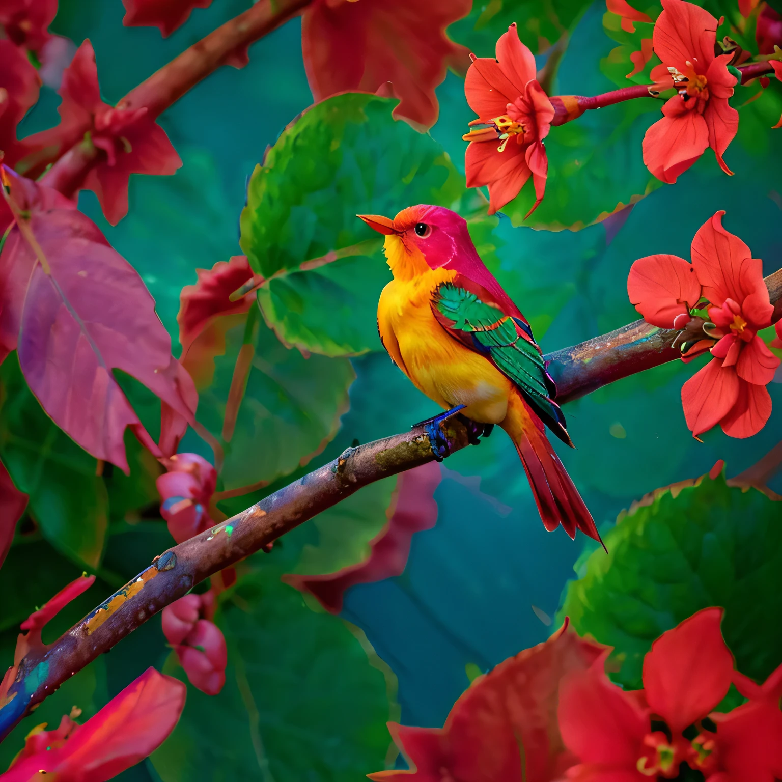 brightly colored bird sitting on a branch with leaves and flowers, colorful 8 k, colorful hd picure, beautiful and colorful, colorful bird with a long, beautiful colorful, vibrant realistic colors, details and vivid colors, 4k highly detailed digital art, beautiful digital painting, beautiful vibrant colors, colorful birds, beautiful art uhd 4 k, colorful plumage, colorful 4k